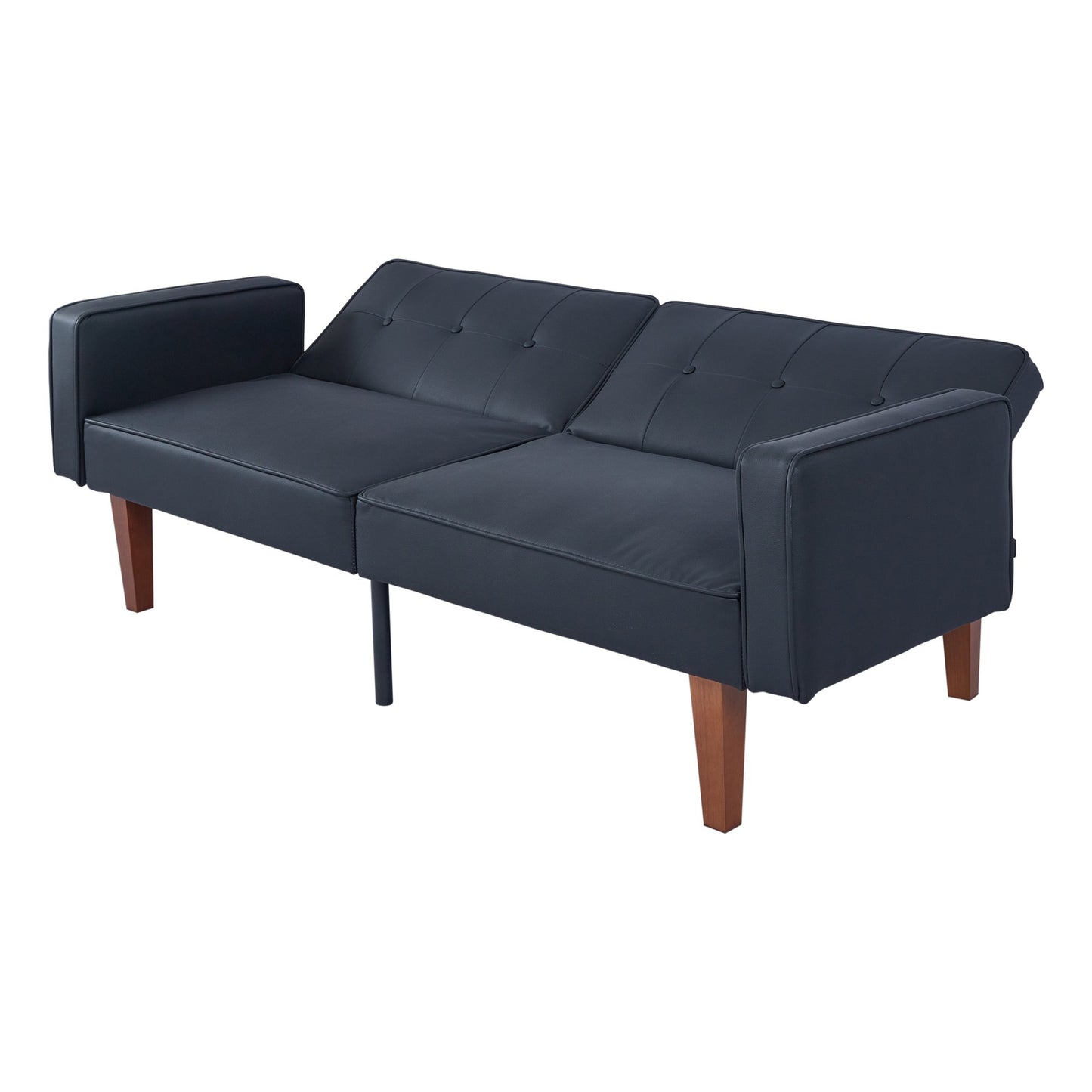 CAFORKP Black Faux Leather Sofa, Solid Wood Frame, Mid-Century Style, Foam & Spring Support