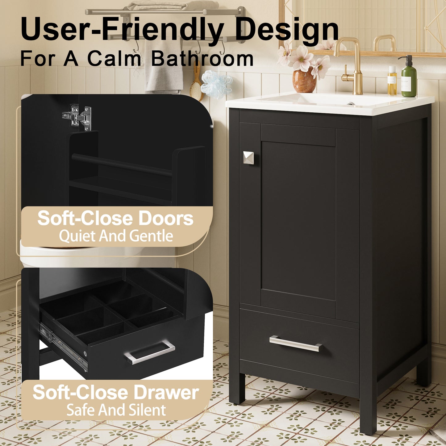 Solid Wood Bathroom Vanity with Ceramic Sink, Soft-Closing Door, and Storage, 18-Inch