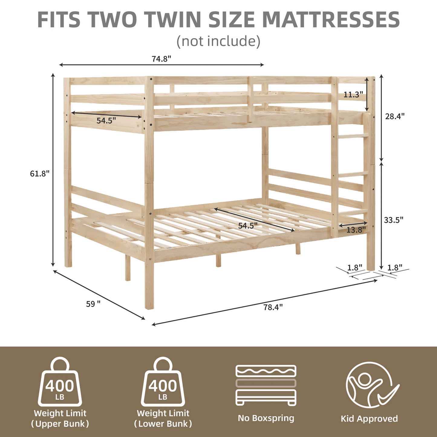 CAFORKP Solid Wood Full over Full Bunk Bed with Ladder & Guardrails, 400lbs Capacity, for Kids,Natural Wood