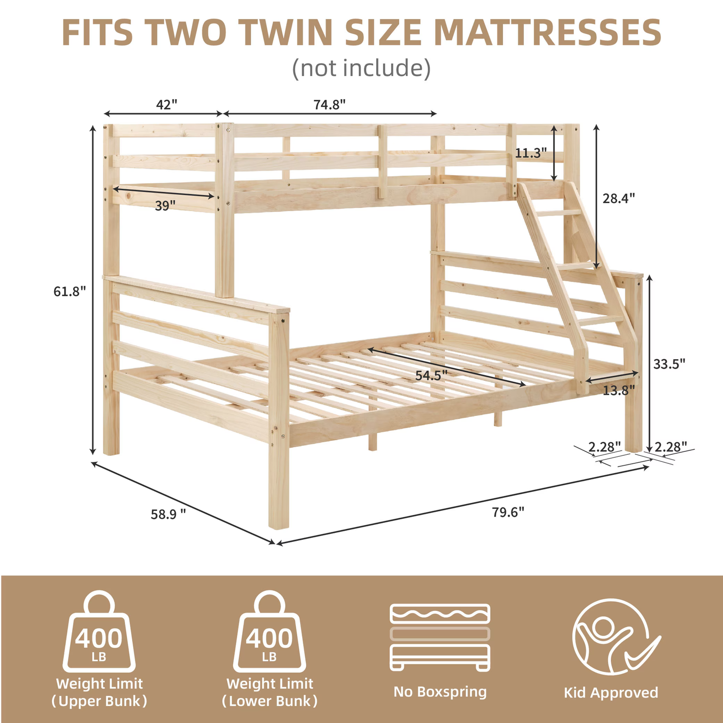 CAFORKP Twin Over Full Wooden Bunk Bed with Thick Posts, High Guardrail & Ladder for Kids, Natural Wood