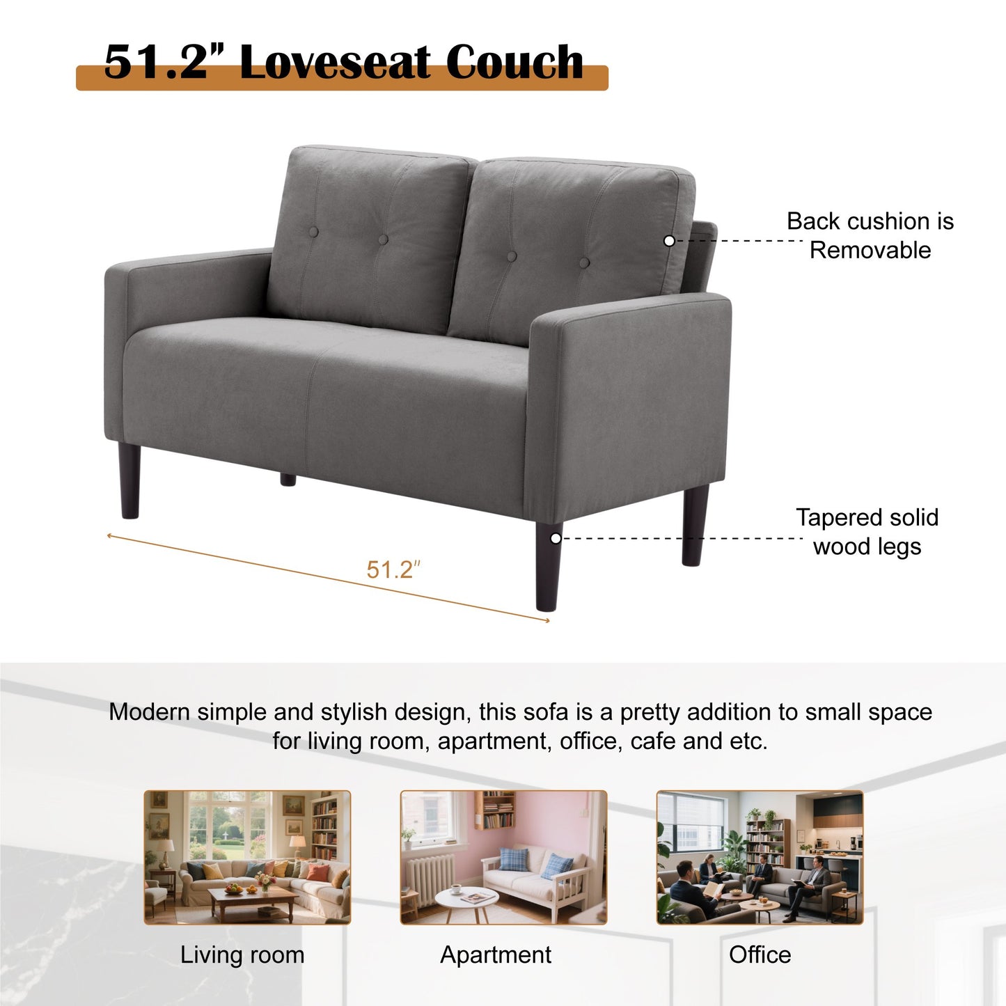 CAFORKP 51.2" Gray Loveseat Sofa with Removable Cushions, Solid Wood Frame, Modern Design