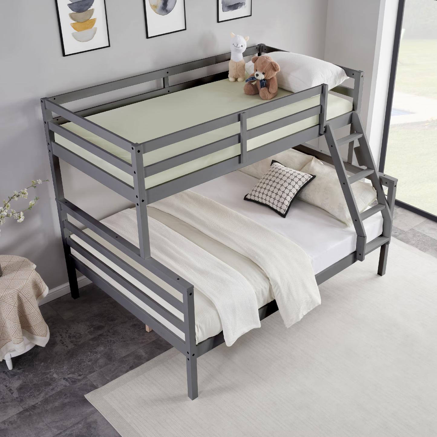 CAFORKP Solid Wood Twin Over Full Bunk Bed with Ladder and High Guardrail – Ideal for Kids & Teens, Grey