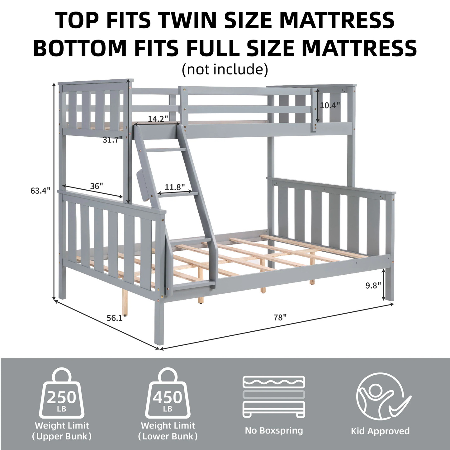 CAFORKP Solid Wood Twin Over Full Bunk Bed - Kids & Teens, Flexible Ladder, Gray