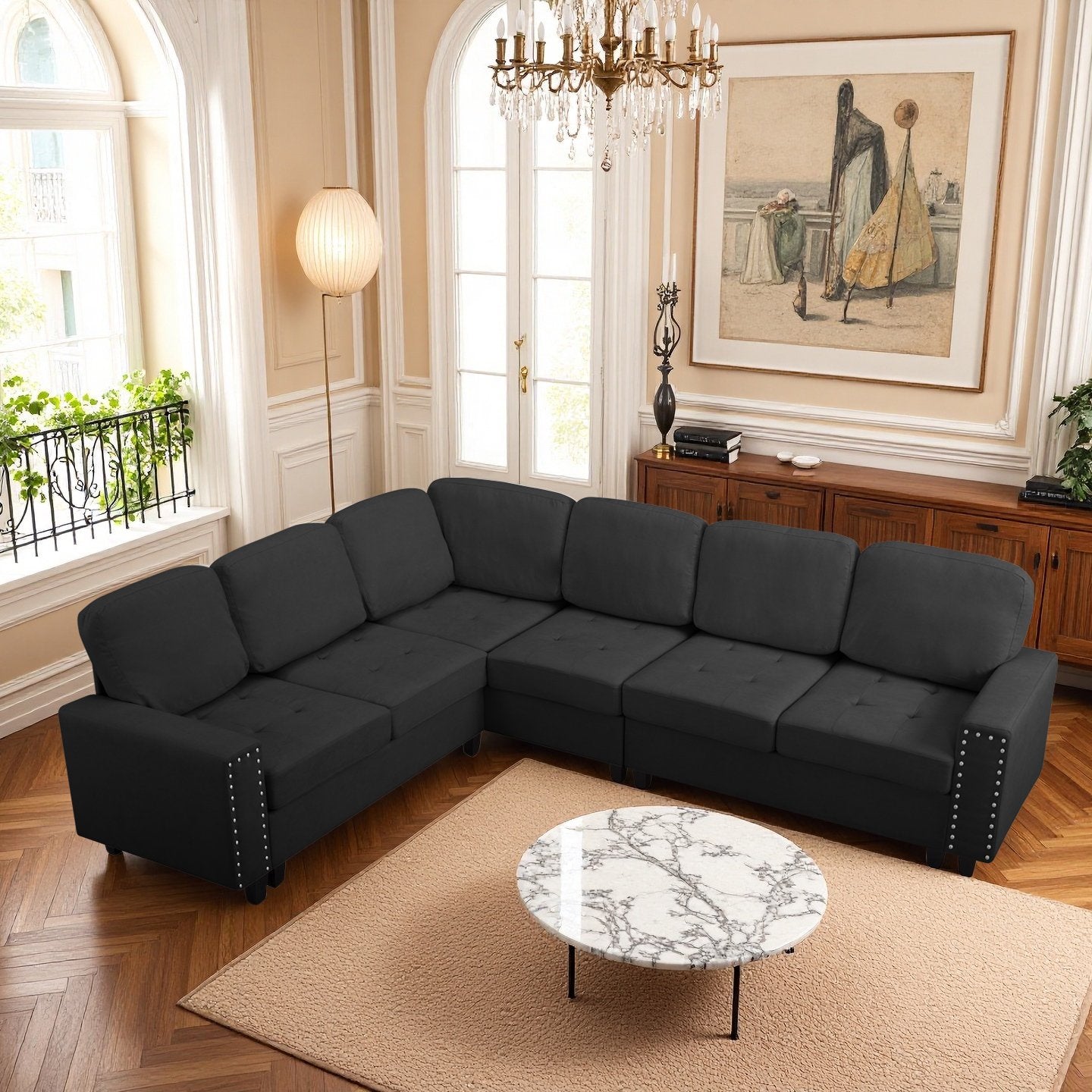 CAFORKP 107.9" Reversible L-Shaped Sectional Sofa, Upholstered, Tufted, 5-Seater, Black