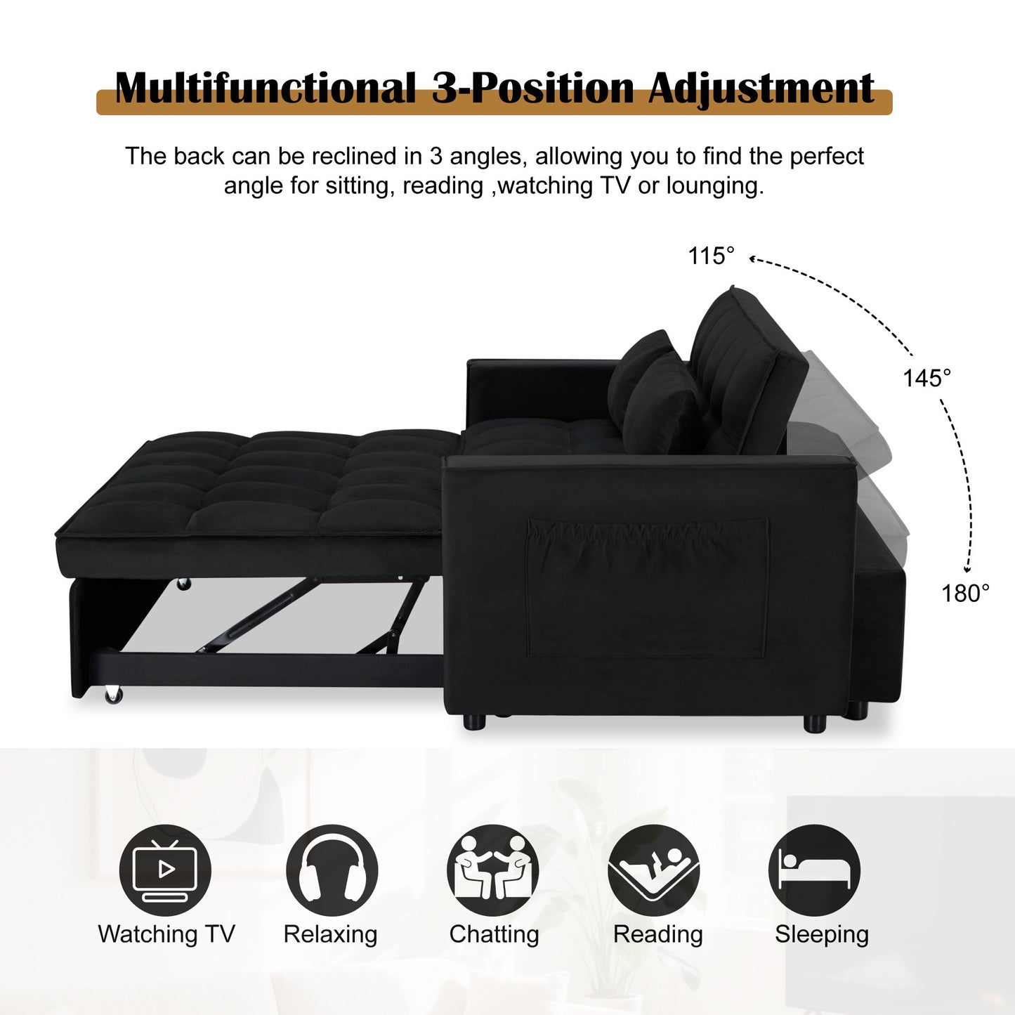 CAFORKP 55" Twin Size Pull-out Sleeper Sofa Bed with Reclining Back, Velvet Upholstery, Black