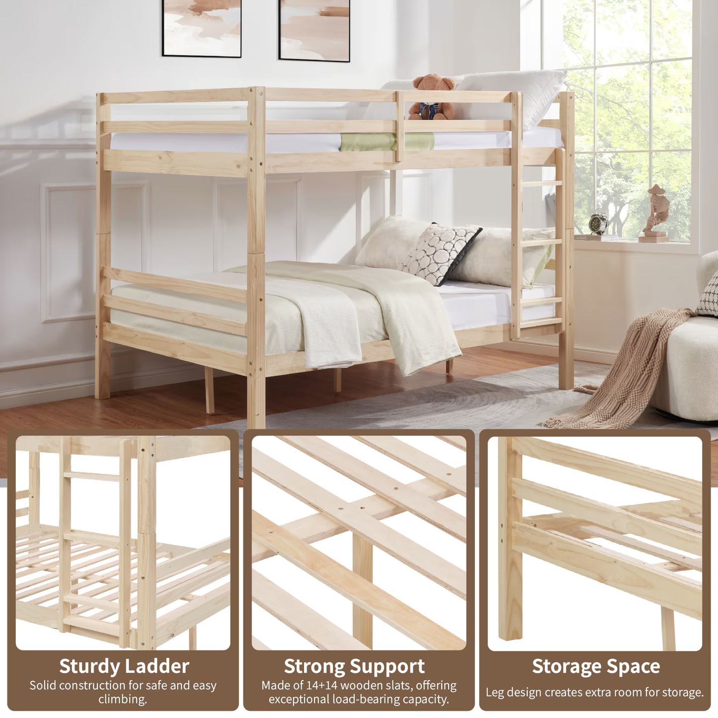 CAFORKP Full Over Full Solid Wood Bunk Bed with Thick Posts, High Guardrail & Ladder, 400LBS Capacity - Natural Wood