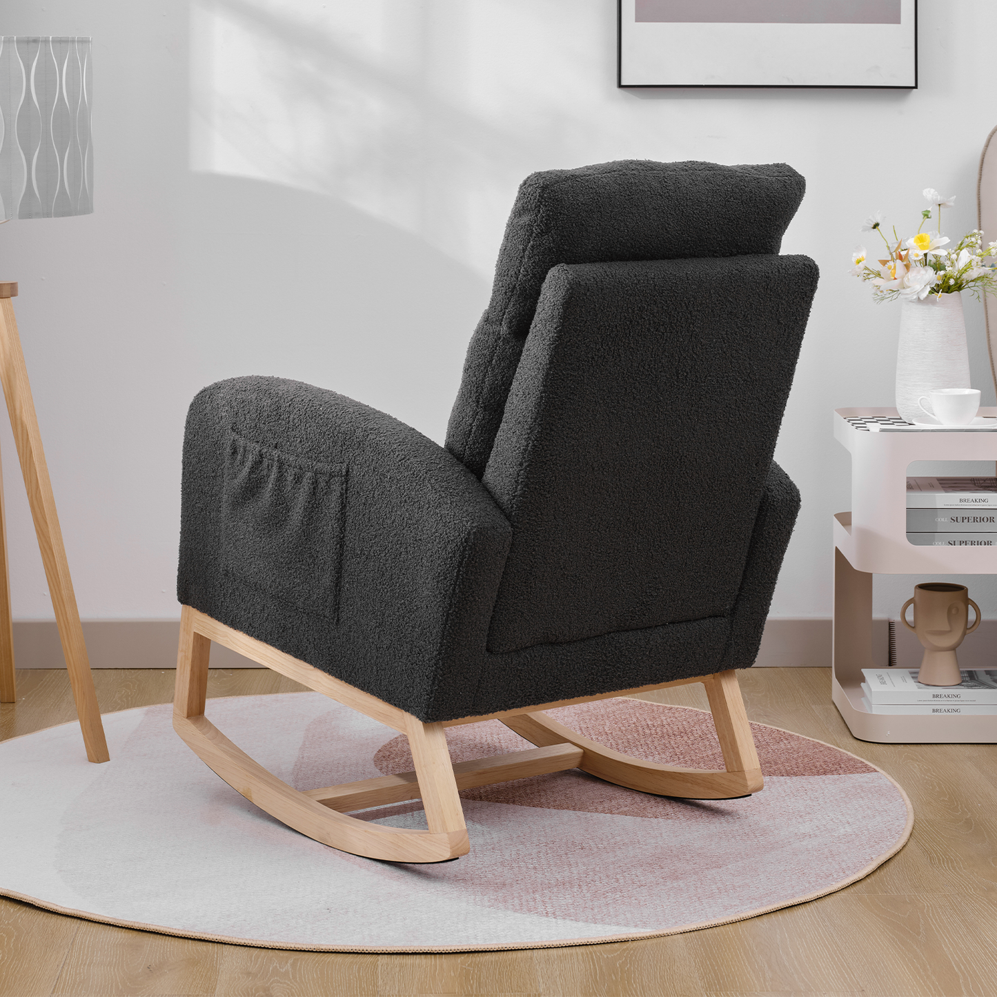 CAFORKP Upholstered Nursery Rocking Chair with High Back, Side Pocket, Wood Base, Dark Gray
