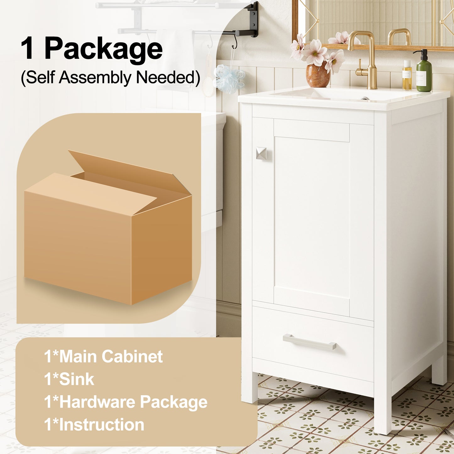 18-Inch Solid Wood Bathroom Vanity with Ceramic Sink, Soft-Closing Door, and Storage