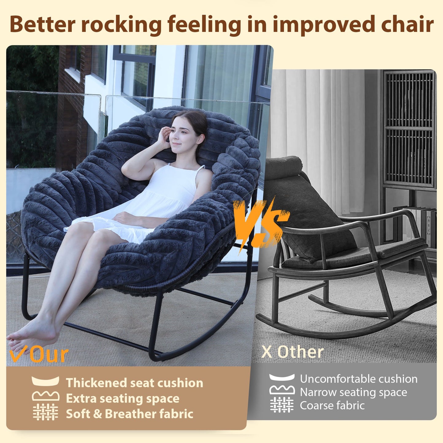 CAFORKP Carson Rocking Chair for Indoor/Outdoor Use, Plush Cushion, Steel Frame, Comfortable, Dark Gray