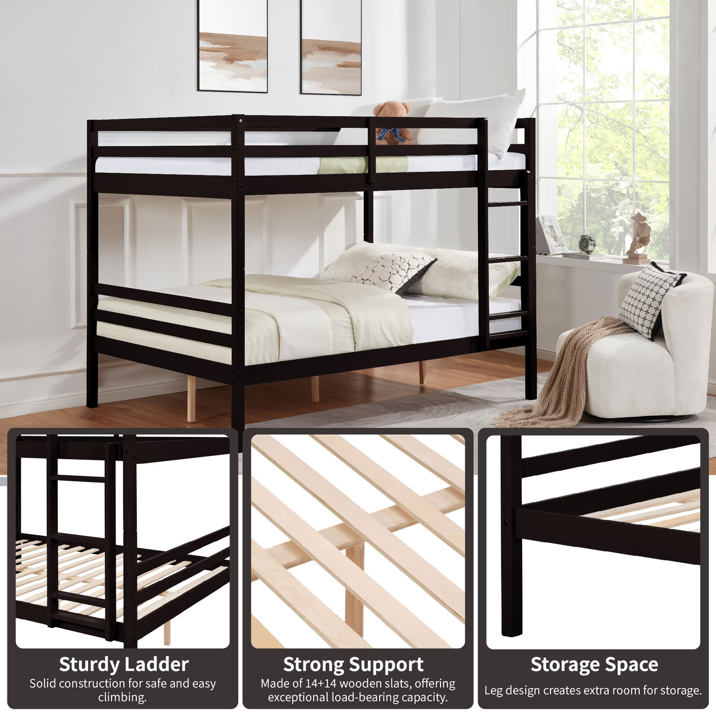 CAFORKP Solid Wood Full over Full Bunk Bed with Ladder & Guardrails, 400lbs Capacity, for Kids,Dark Brown