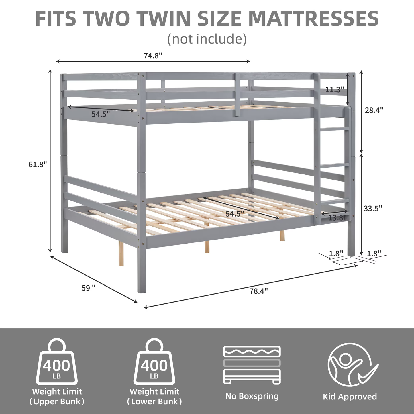CAFORKP Solid Wood Full over Full Bunk Bed with Ladder & Guardrails, 400lbs Capacity, for Kids,Gray