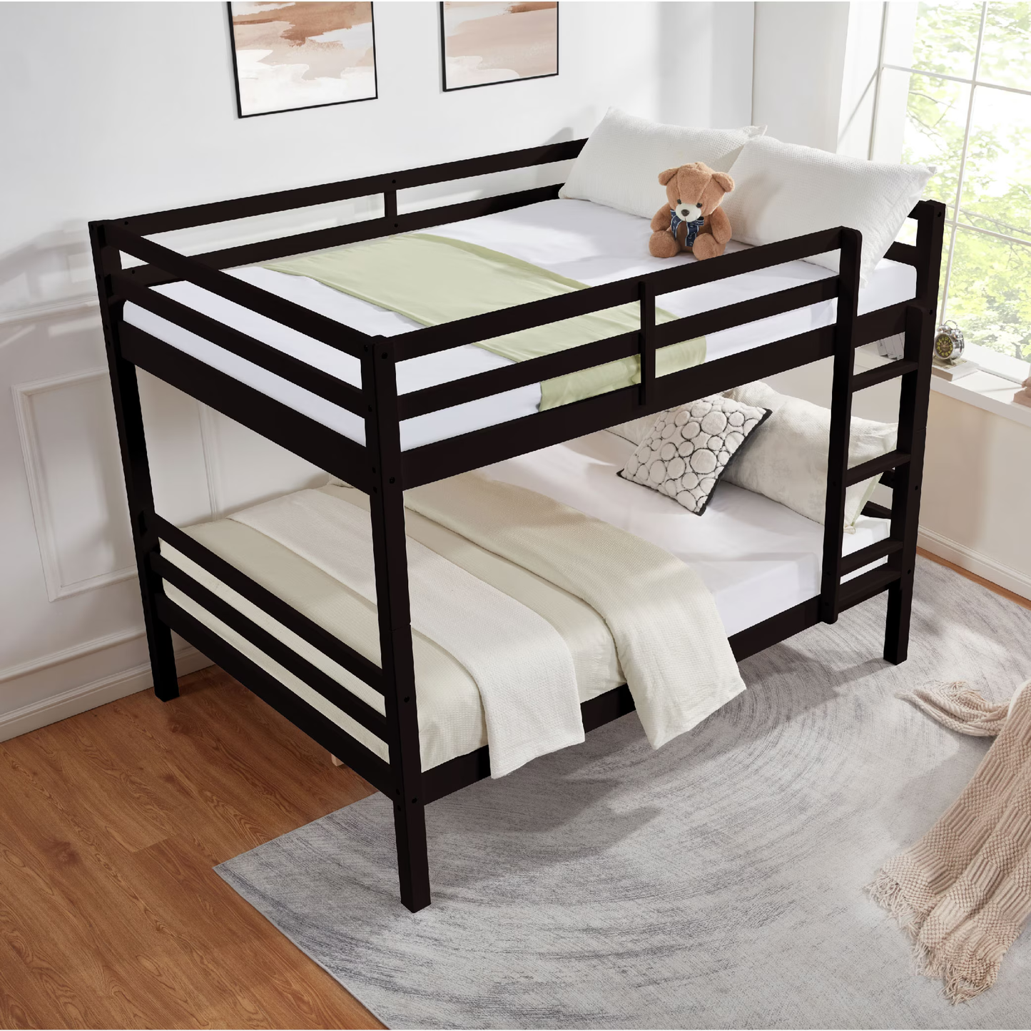 CAFORKP Full Over Full Solid Wood Bunk Bed with Thick Posts, High Guardrail & Ladder, 400LBS Capacity - Dark Brown