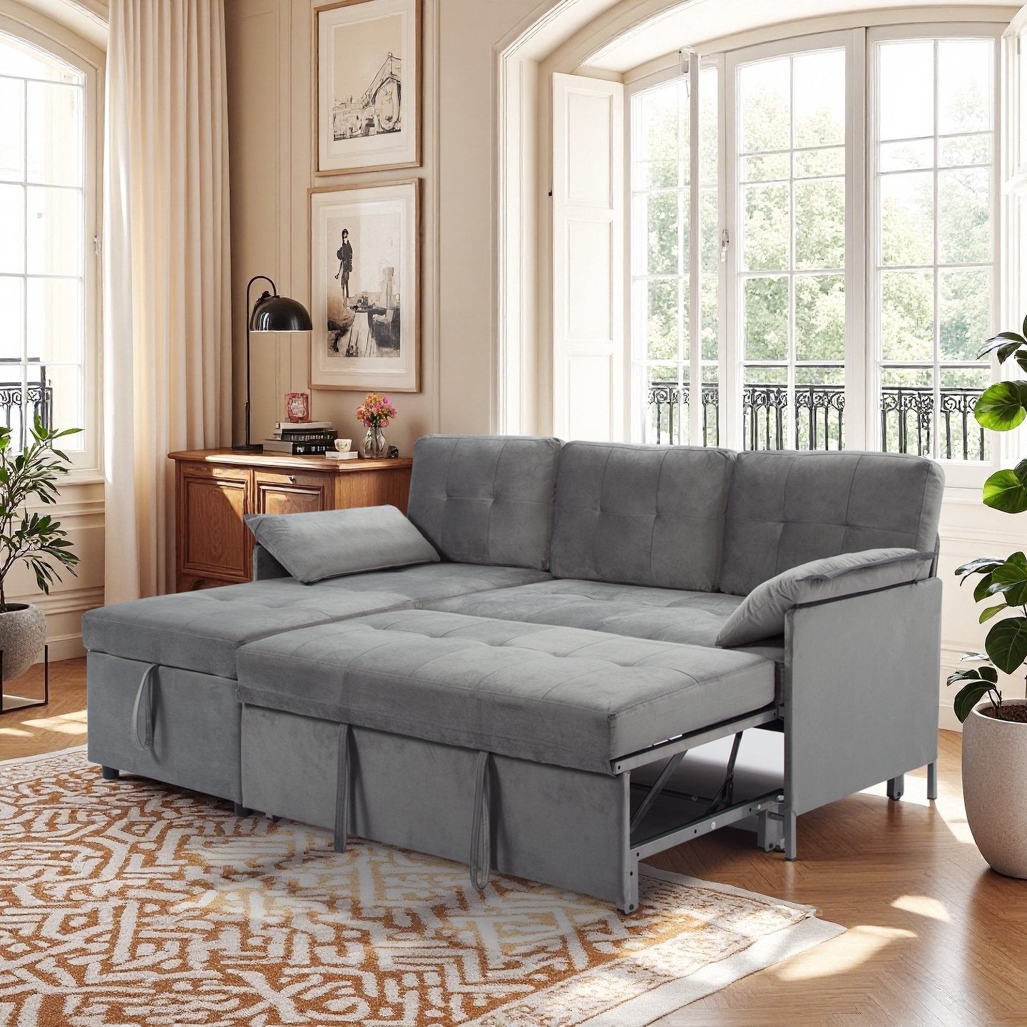 CAFORKP 77.6” Reversible Sectional Sleeper Sofa with Pull-out Bed and Storage Chaise, Velvet, Gray