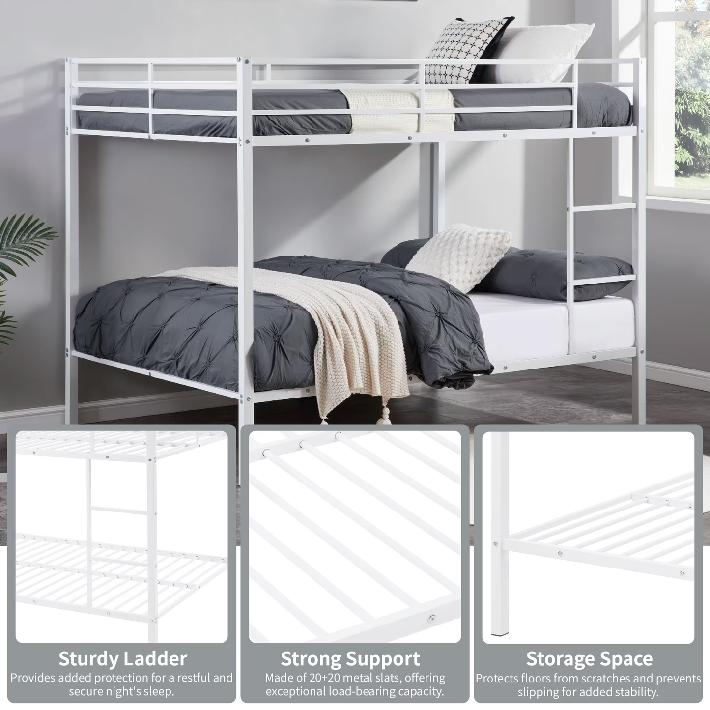 CAFORKP Heavy Duty Metal Full Over Full Bunk Bed with Ladder, Safety Guardrail & Steel Slats for Kids, White