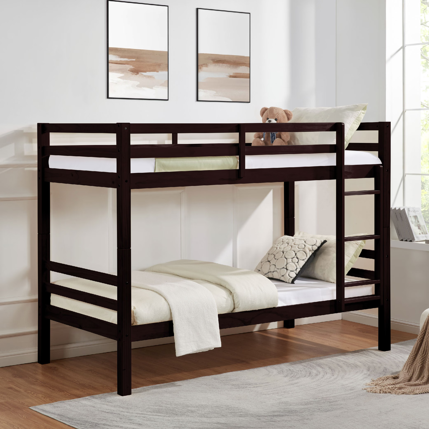 CAFORKP Solid Wood Twin over Twin Bunk Bed with Thickened Posts, Ladder & Guardrails, 400lbs Capacity,Dark Brown