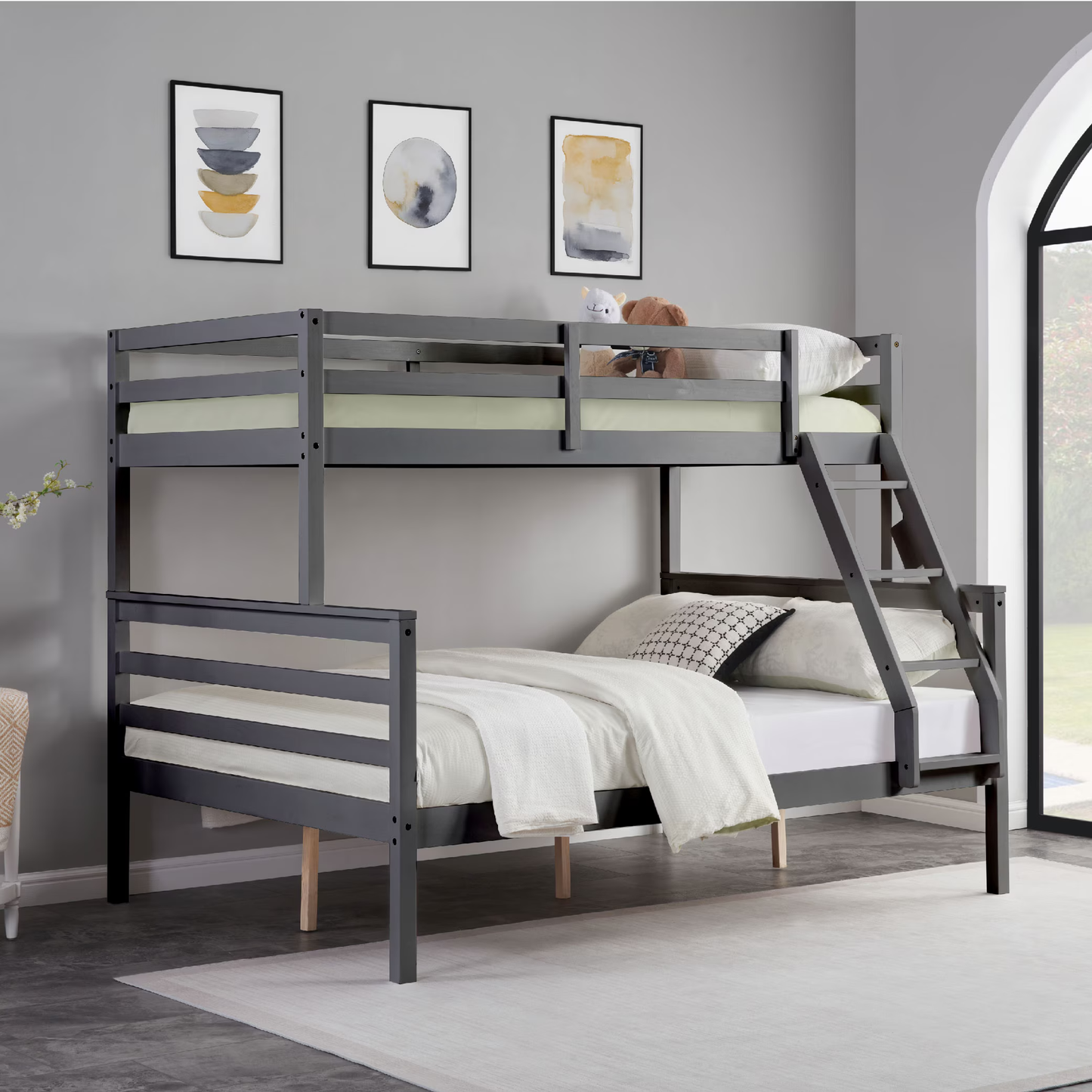 CAFORKP Solid Wood Twin Over Full Bunk Bed with Ladder and High Guardrail – Ideal for Kids & Teens, Grey