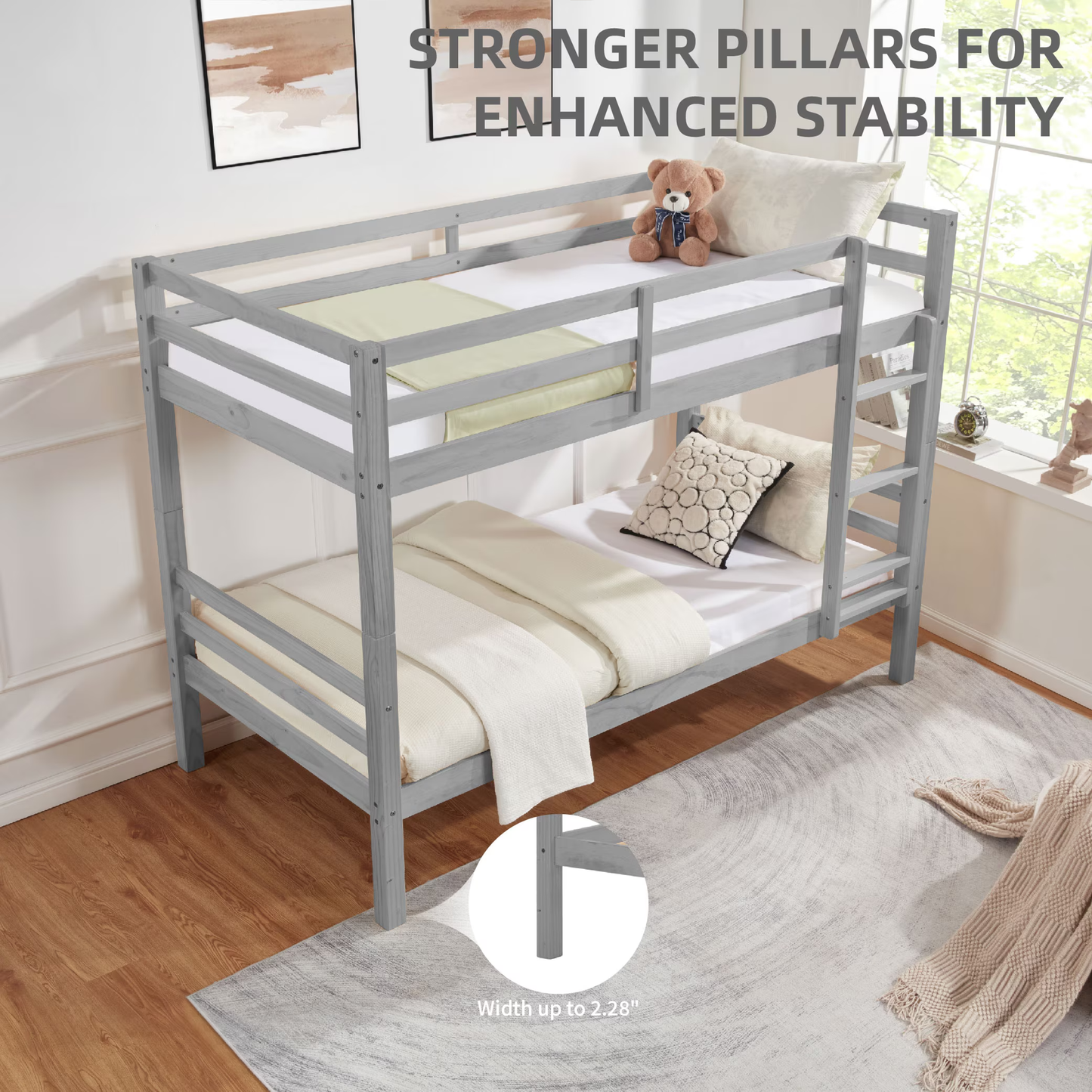 CAFORKP Solid Wood Twin over Twin Bunk Bed with Thickened Posts, Ladder & Guardrails, 400lbs Capacity,Gray