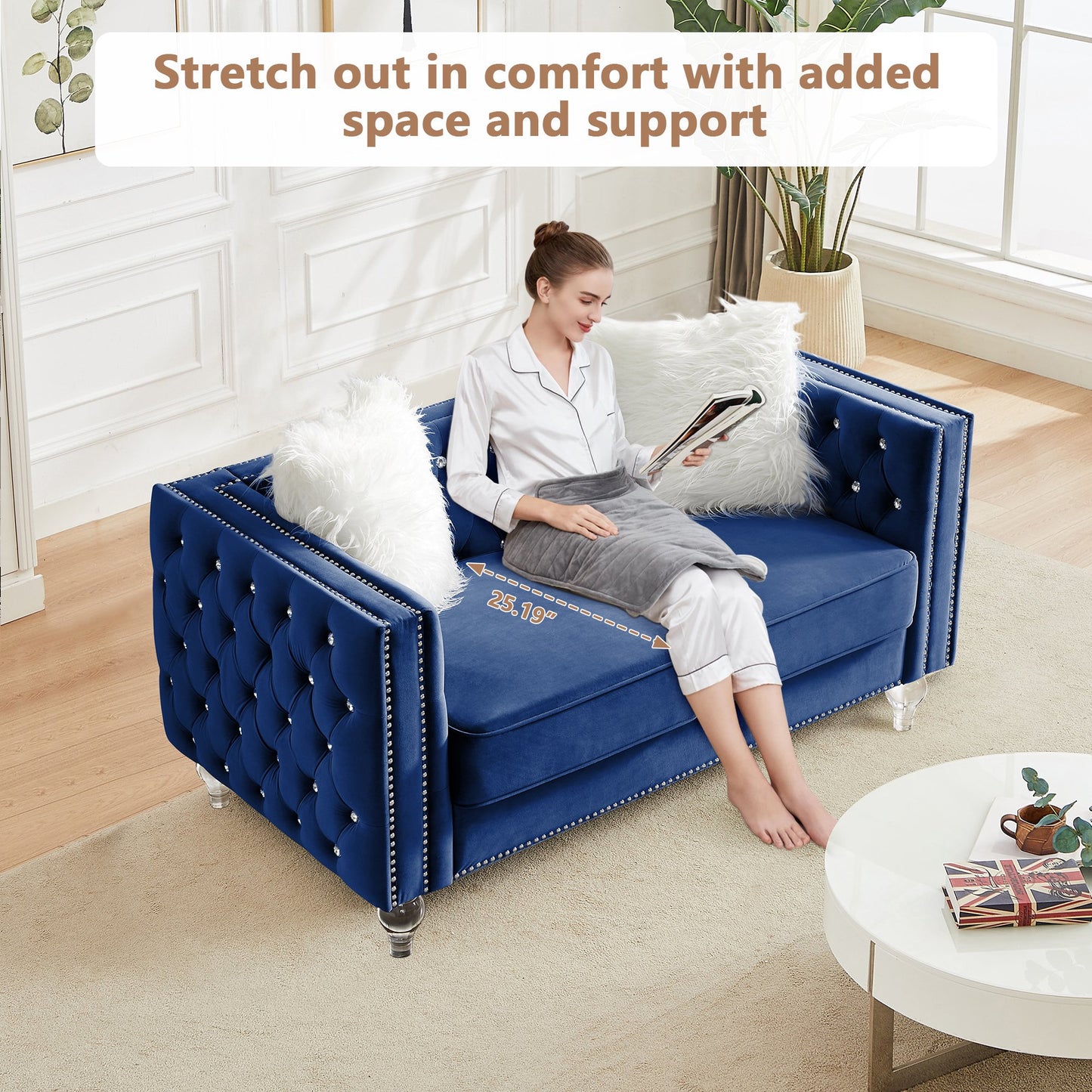 CAFORKP Velvet Loveseat Sofa, Solid Wood Frame, Polyester Upholstery, Foam Filled, Tufted, Navy Blue