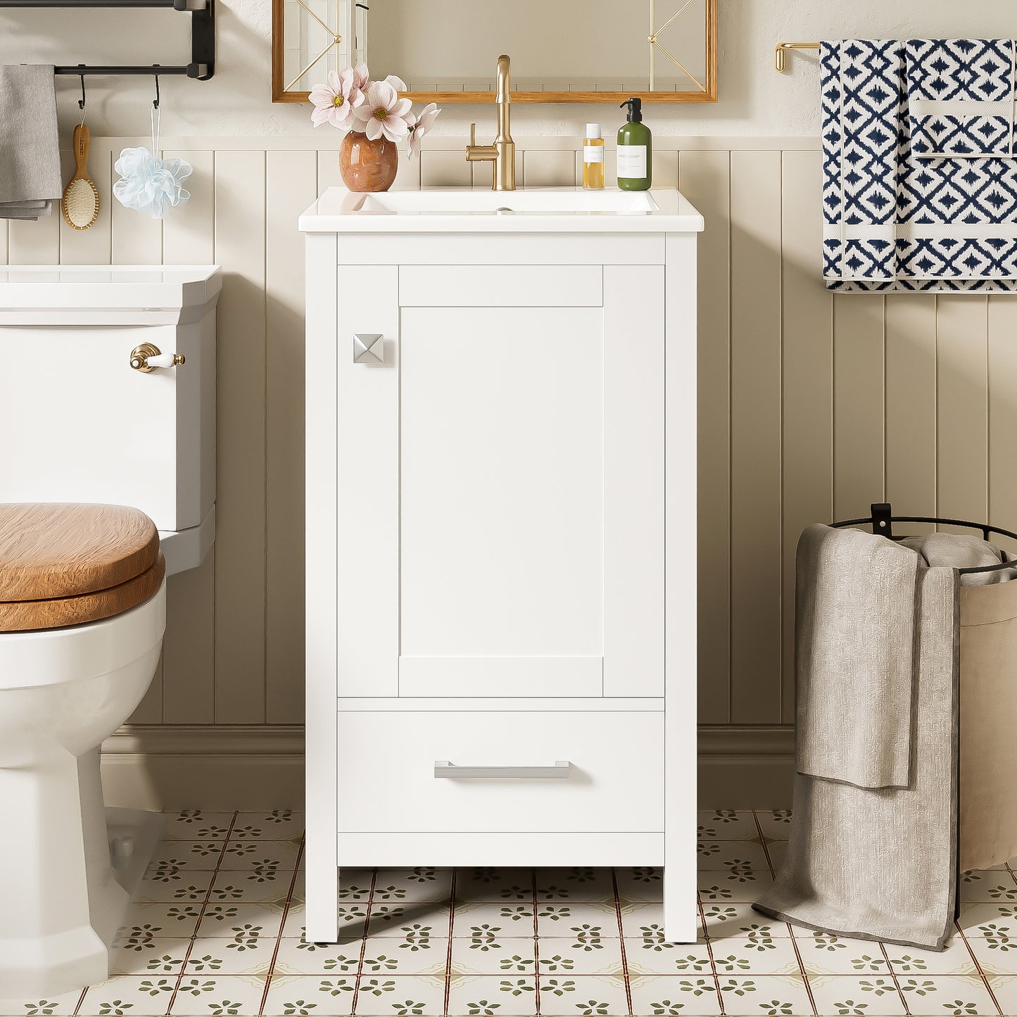 18-Inch Solid Wood Bathroom Vanity with Ceramic Sink, Soft-Closing Door, and Storage