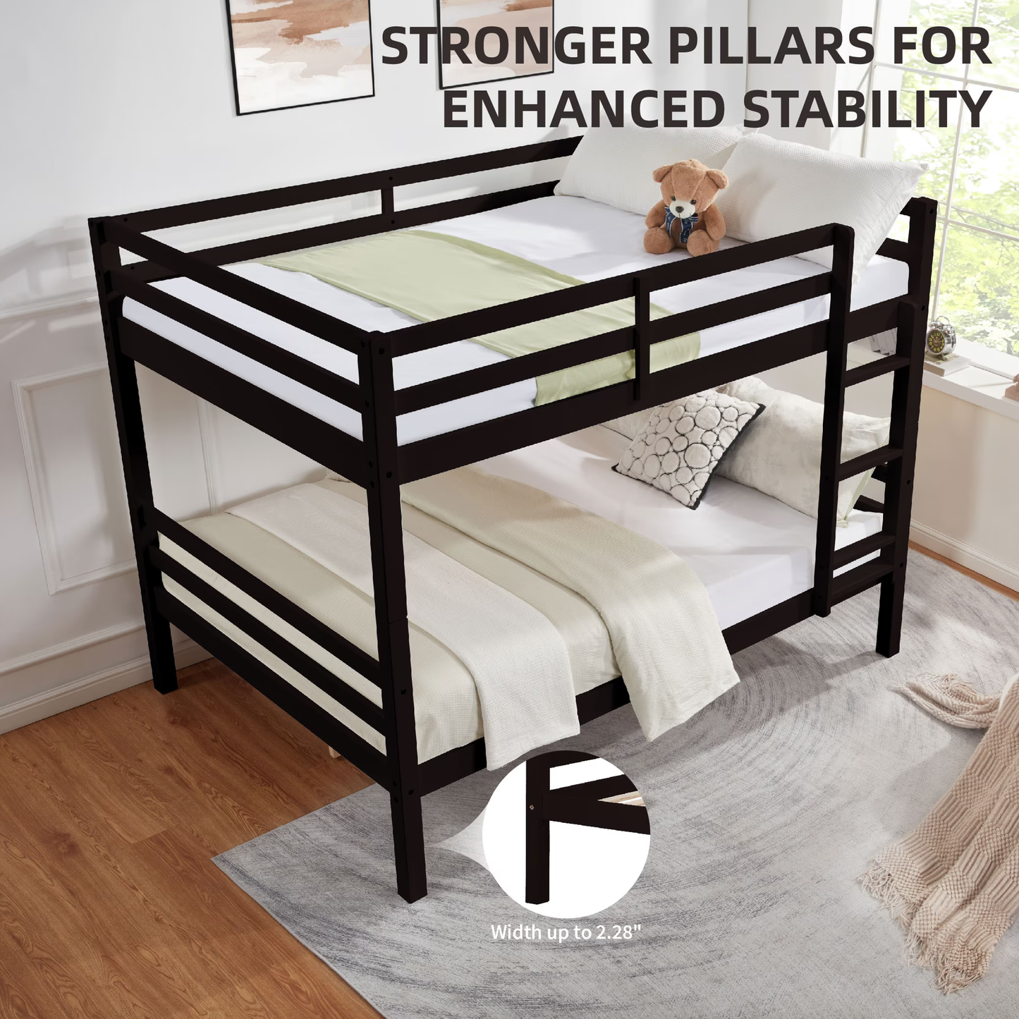 CAFORKP Full Over Full Solid Wood Bunk Bed with Thick Posts, High Guardrail & Ladder, 400LBS Capacity - Dark Brown