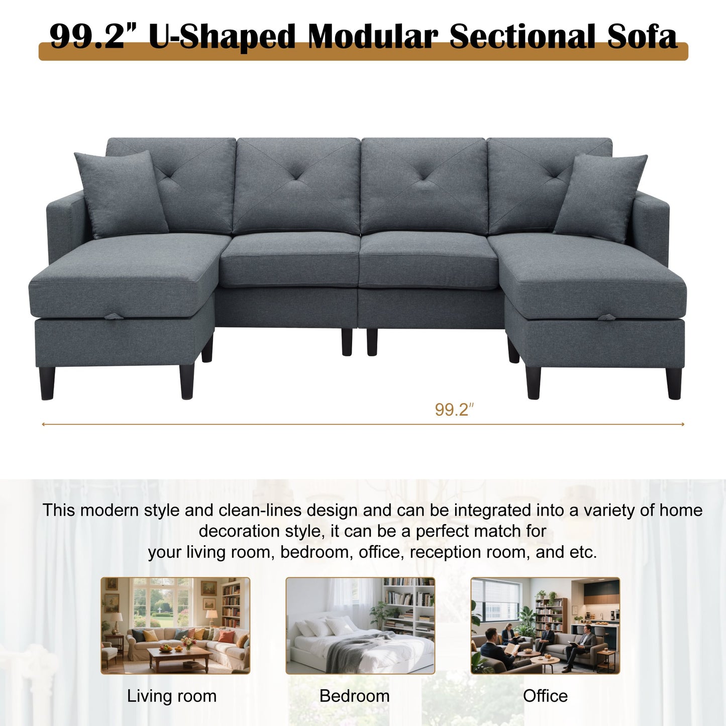 CAFORKP 99.2" U-Shaped Modular Sectional Sofa, Upholstered, Modern Design, Gray