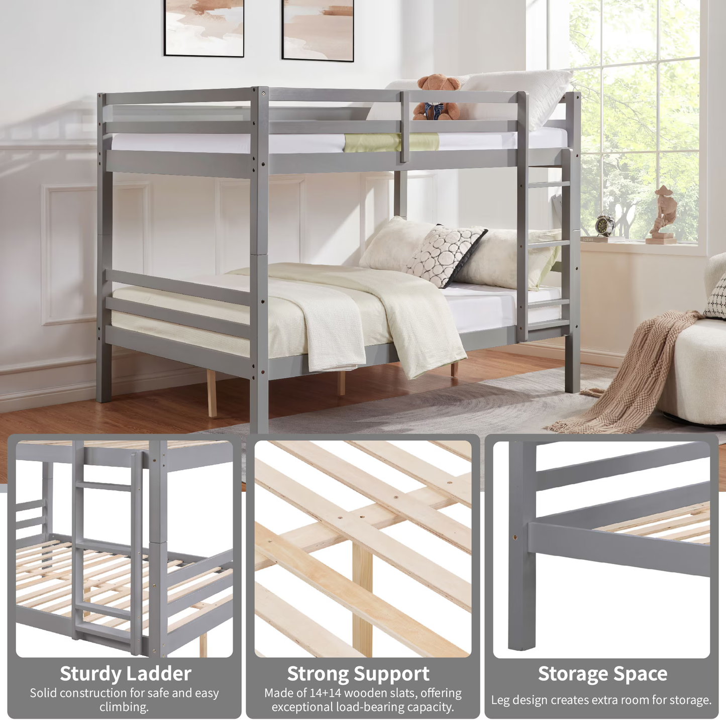 CAFORKP Full Over Full Solid Wood Bunk Bed with Thick Posts, High Guardrail & Ladder, 400LBS Capacity - Gray