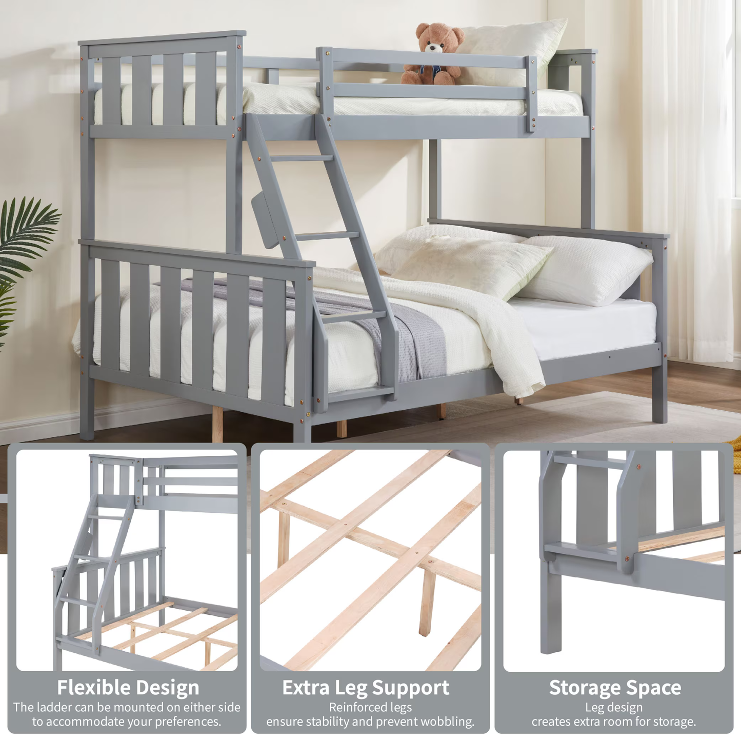 CAFORKP Solid Wood Twin Over Full Bunk Bed - Kids & Teens, Flexible Ladder, Gray