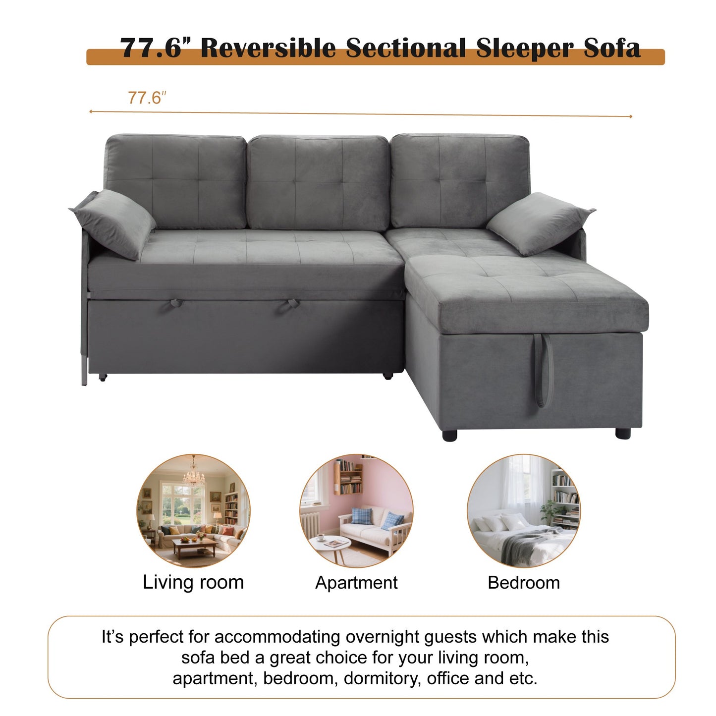 CAFORKP 77.6” Reversible Sectional Sleeper Sofa with Pull-out Bed and Storage Chaise, Velvet, Gray