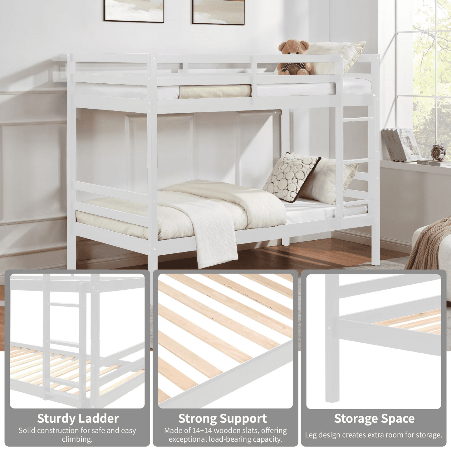 CAFORKP Solid Wood Bunk Bed for Kids with Safety Guardrail, 400 lbs Weight Capacity - White
