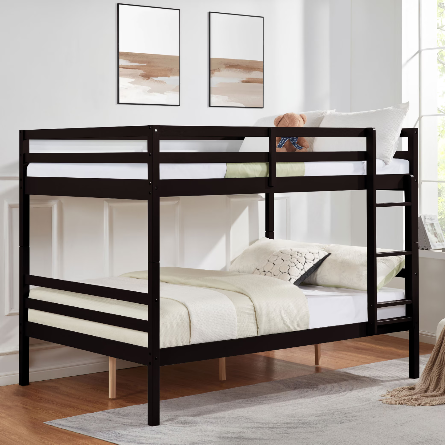 CAFORKP Solid Wood Full over Full Bunk Bed with Ladder & Guardrails, 400lbs Capacity, for Kids,Dark Brown