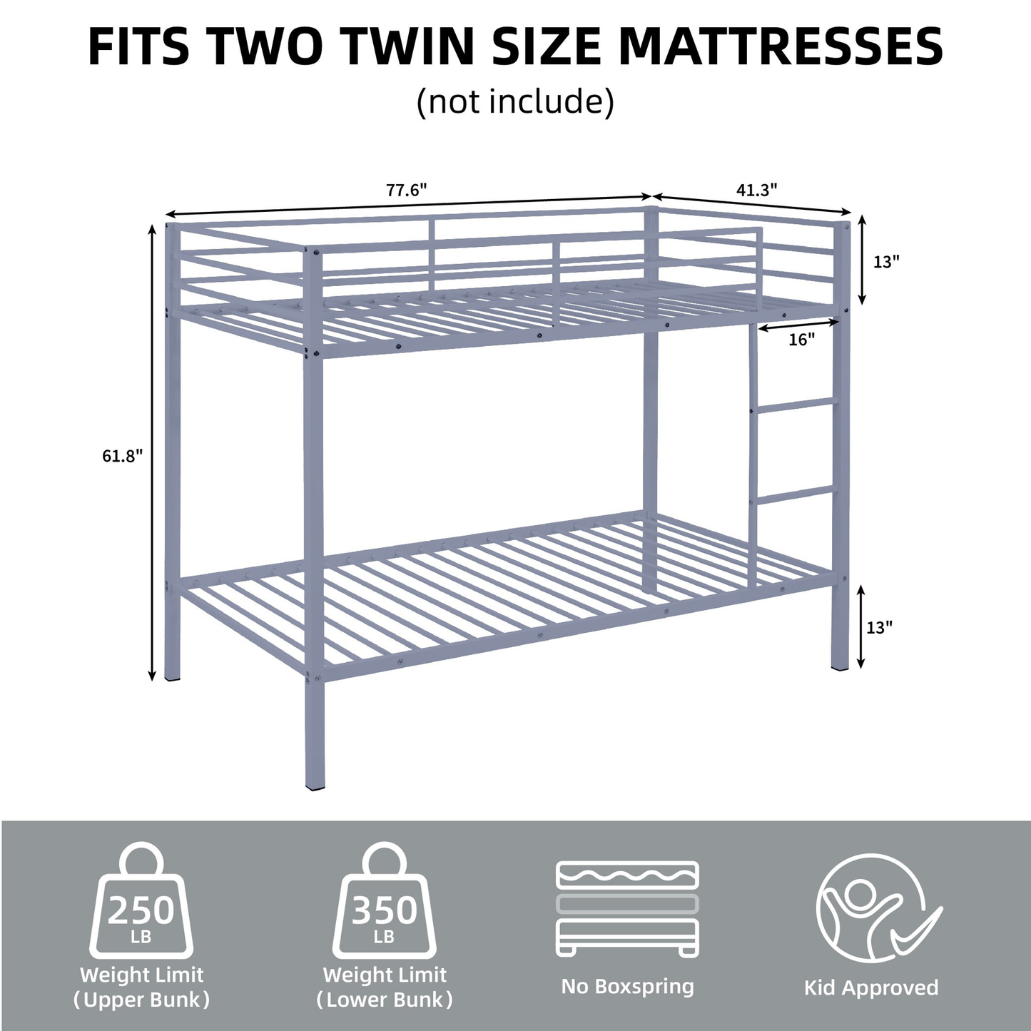 CAFORKP Metal Twin Over Twin Low Profile Bunk Bed with Ladder, High Guardrail & Steel Slats for Kids, Gray