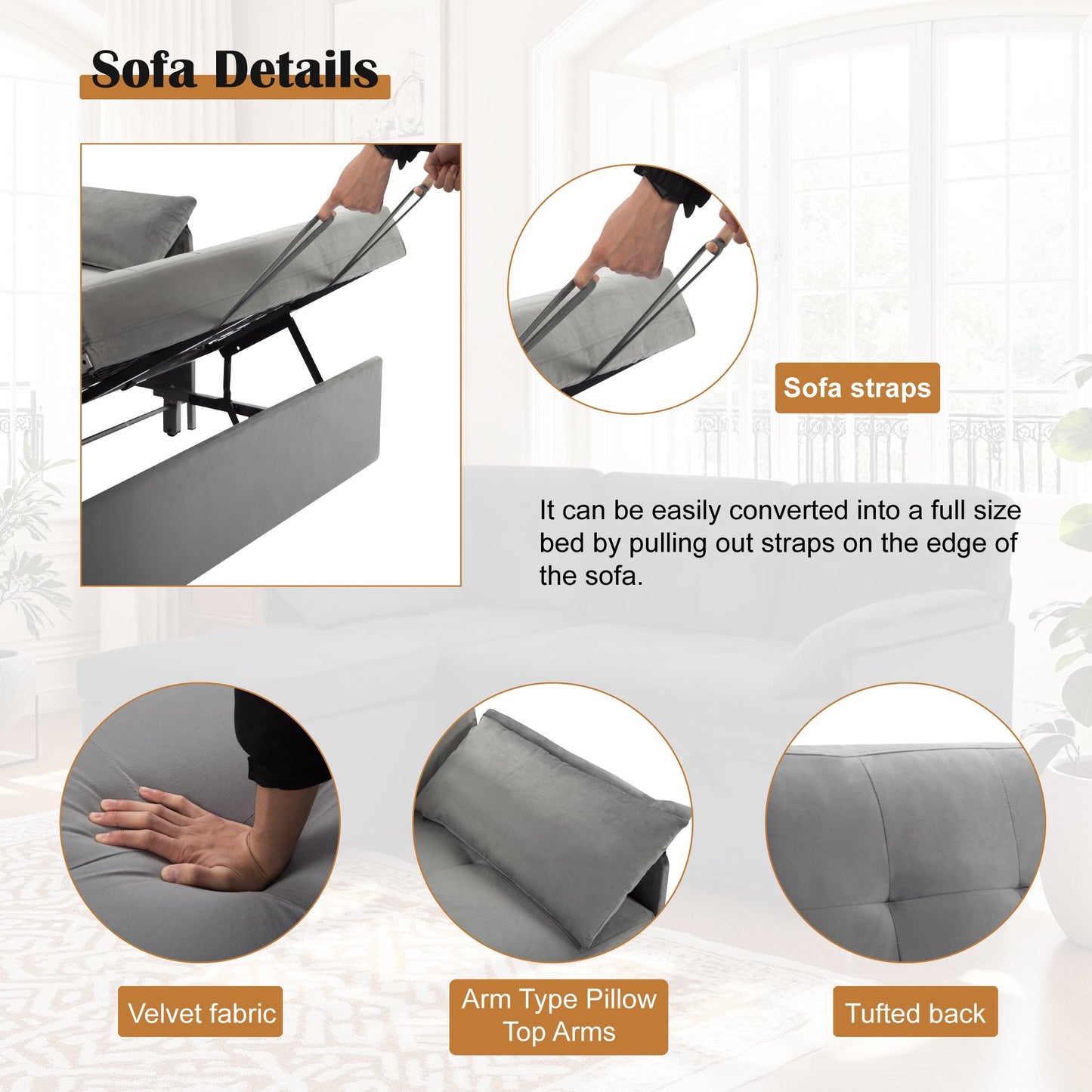 CAFORKP 77.6” Reversible Sectional Sleeper Sofa with Pull-out Bed and Storage Chaise, Velvet, Gray