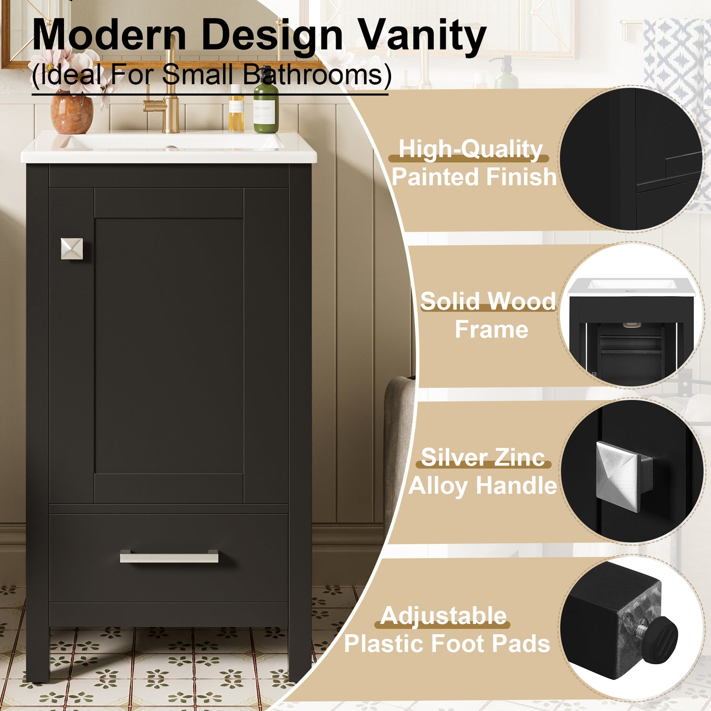 Solid Wood Bathroom Vanity with Ceramic Sink, Soft-Closing Door, and Storage, 18-Inch