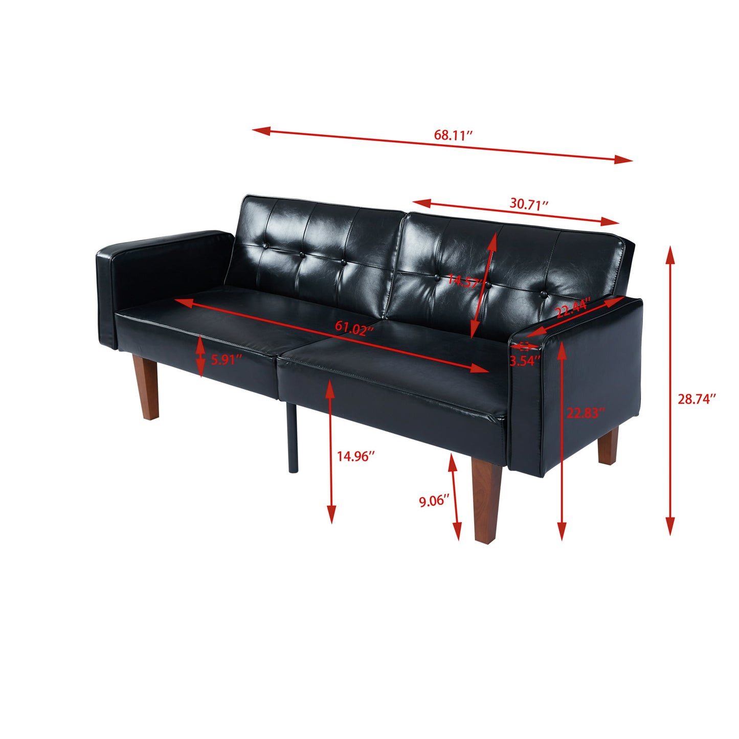 CAFORKP Black Glossy PU Leather Sofa, Solid Wood Frame, Foam & Spring Support, Modern Design
