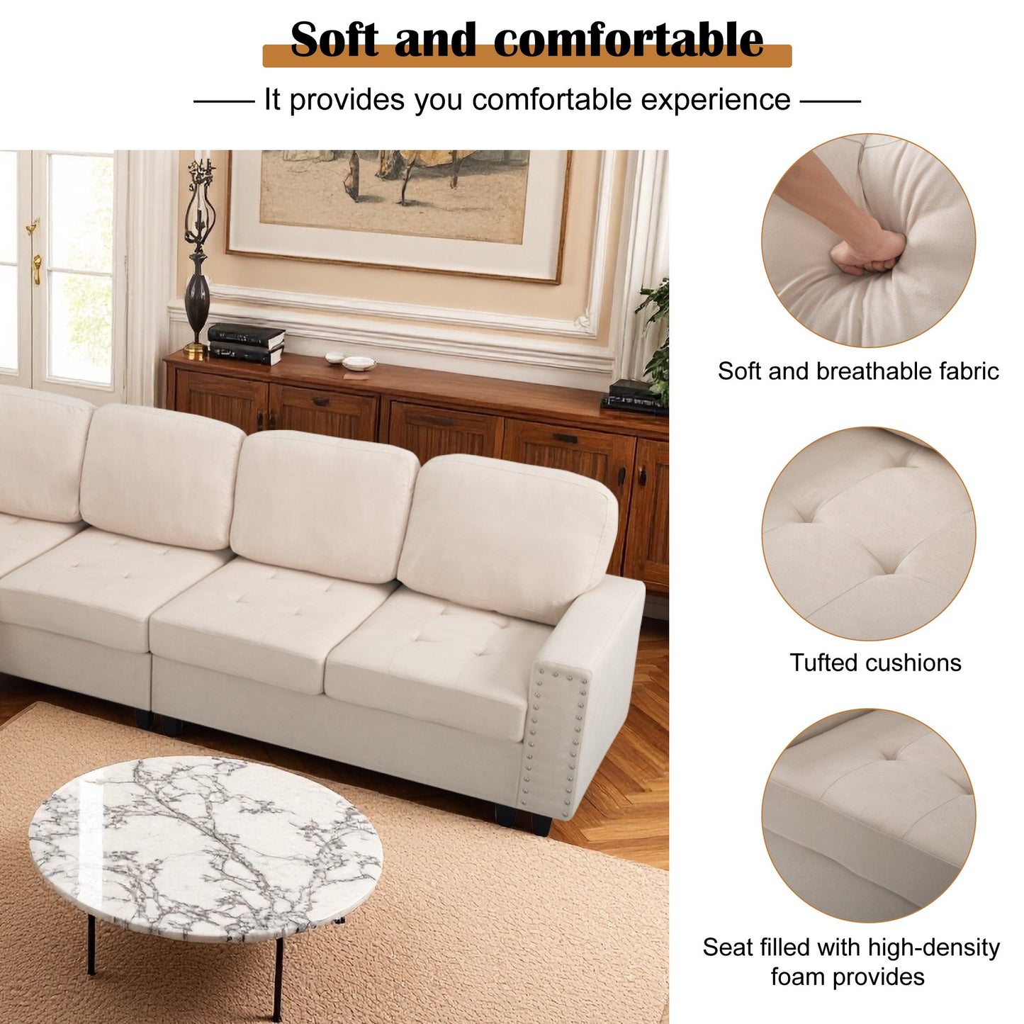 CAFORKP 107.9" Reversible L-Shaped Sectional Sofa, Upholstered, Tufted, 5-Seater, Beige