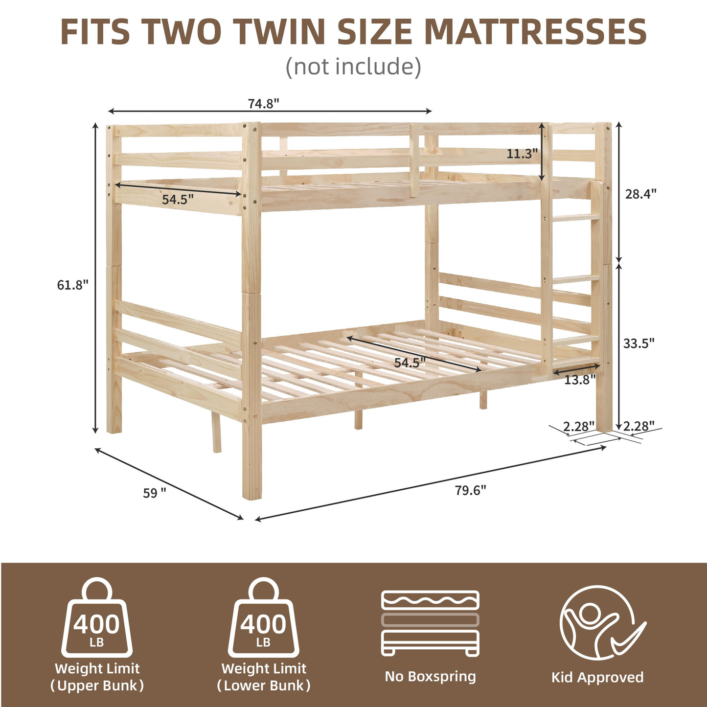 CAFORKP Full Over Full Solid Wood Bunk Bed with Thick Posts, High Guardrail & Ladder, 400LBS Capacity - Natural Wood