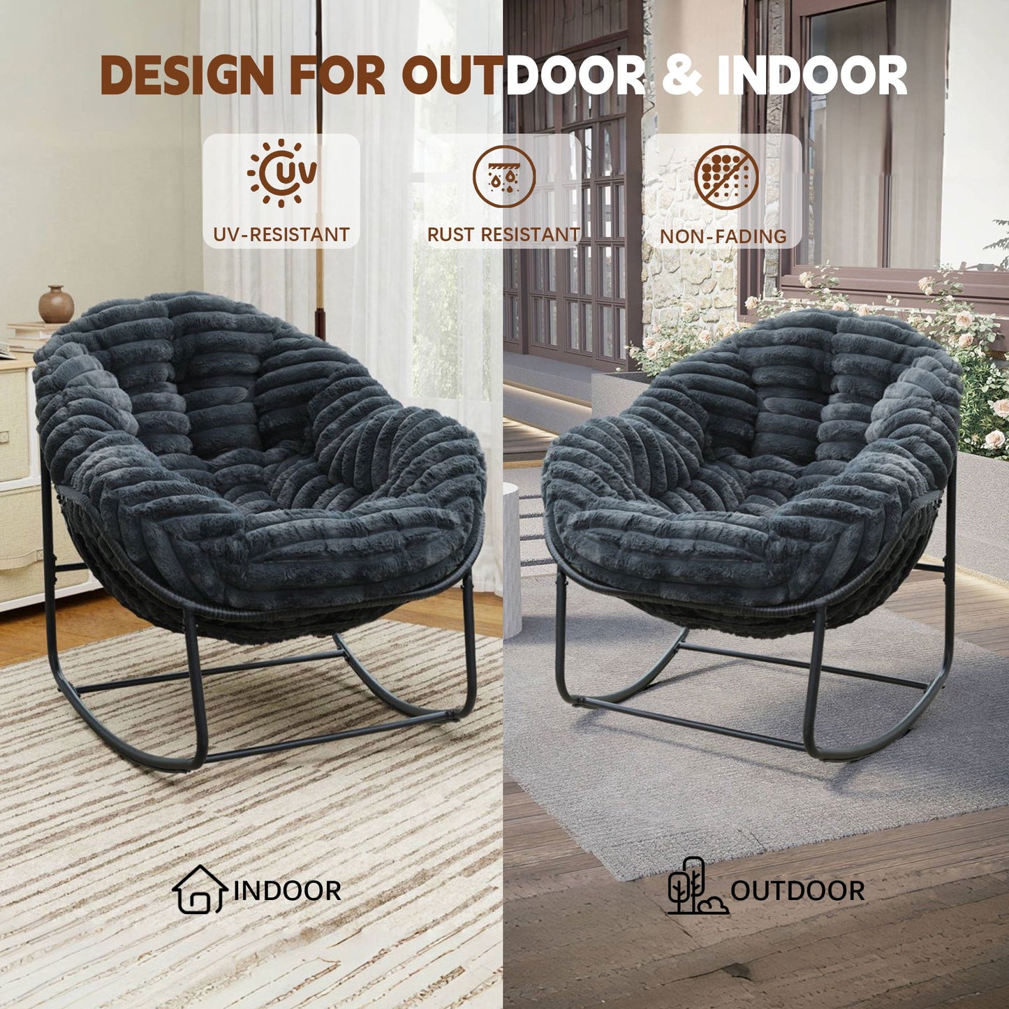 CAFORKP Carson Rocking Chair for Indoor/Outdoor Use, Plush Cushion, Steel Frame, Comfortable, Dark Gray