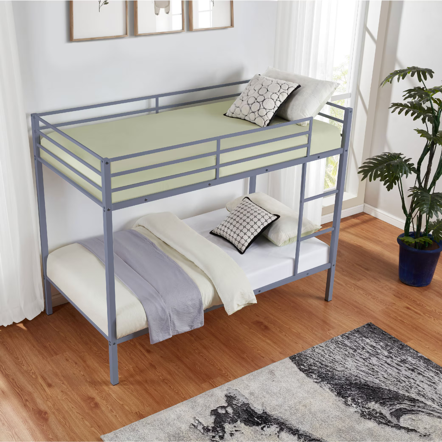 CAFORKP Metal Twin Over Twin Low Profile Bunk Bed with Ladder, High Guardrail & Steel Slats for Kids, Gray