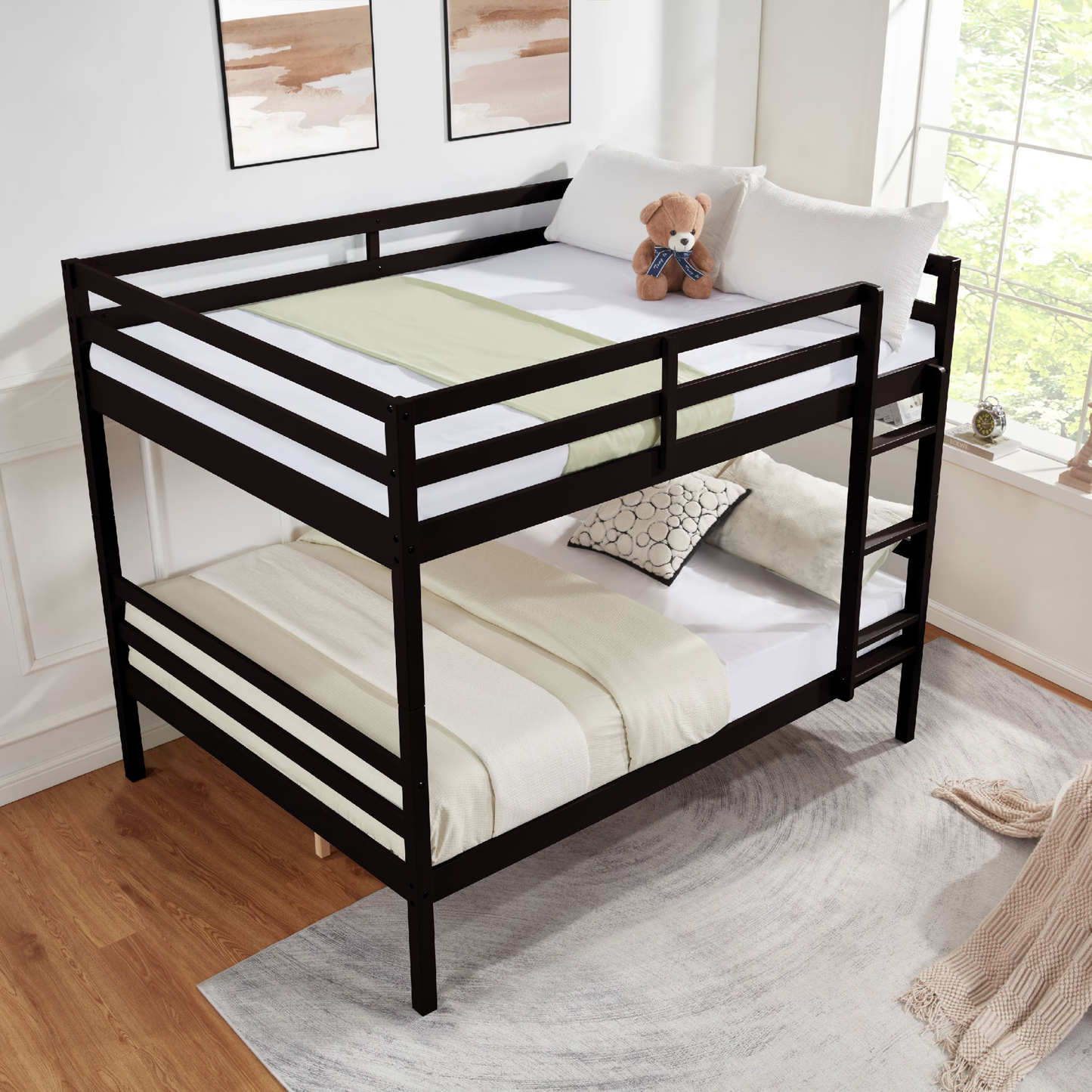 CAFORKP Solid Wood Full over Full Bunk Bed with Ladder & Guardrails, 400lbs Capacity, for Kids,Dark Brown