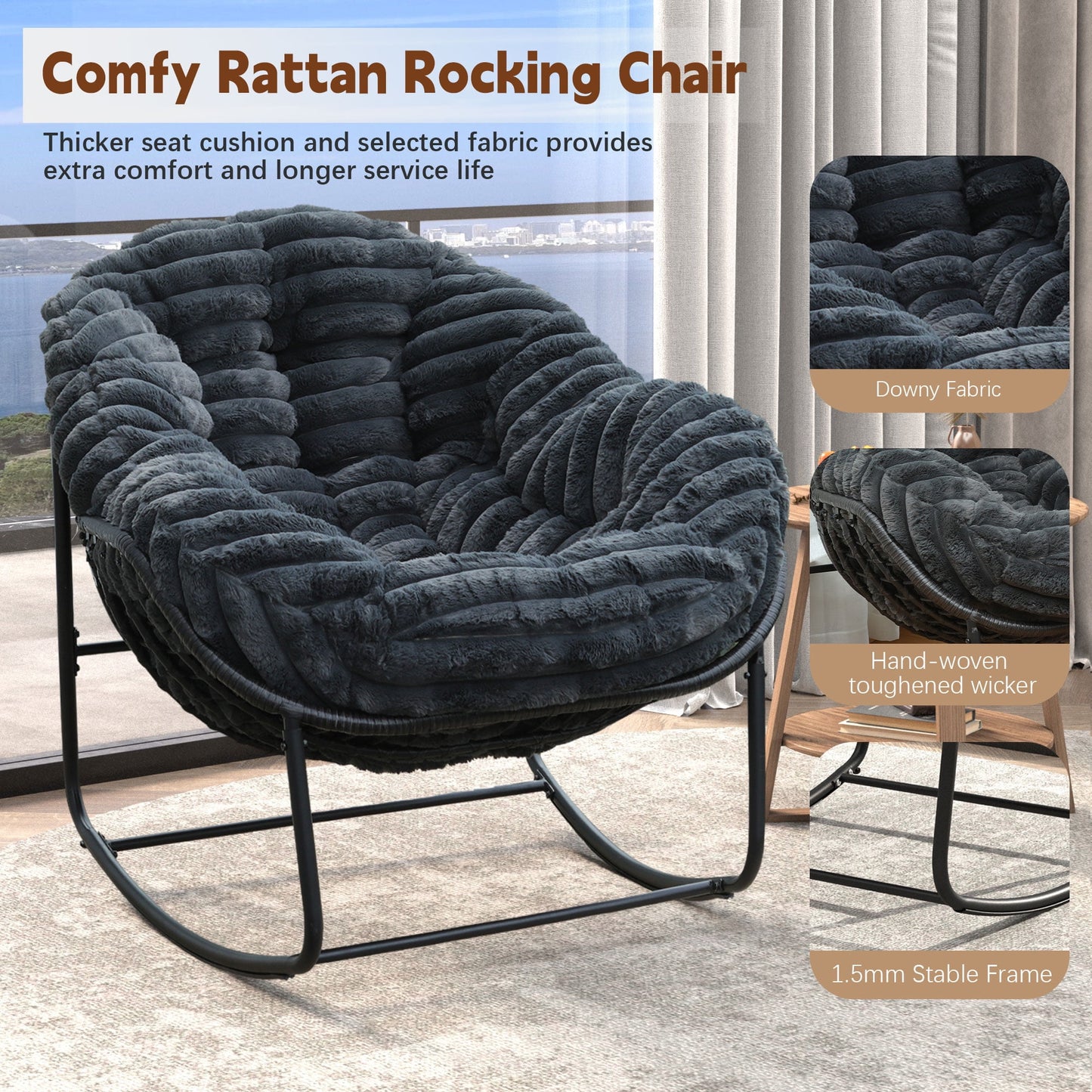 CAFORKP Carson Rocking Chair for Indoor/Outdoor Use, Plush Cushion, Steel Frame, Comfortable, Dark Gray