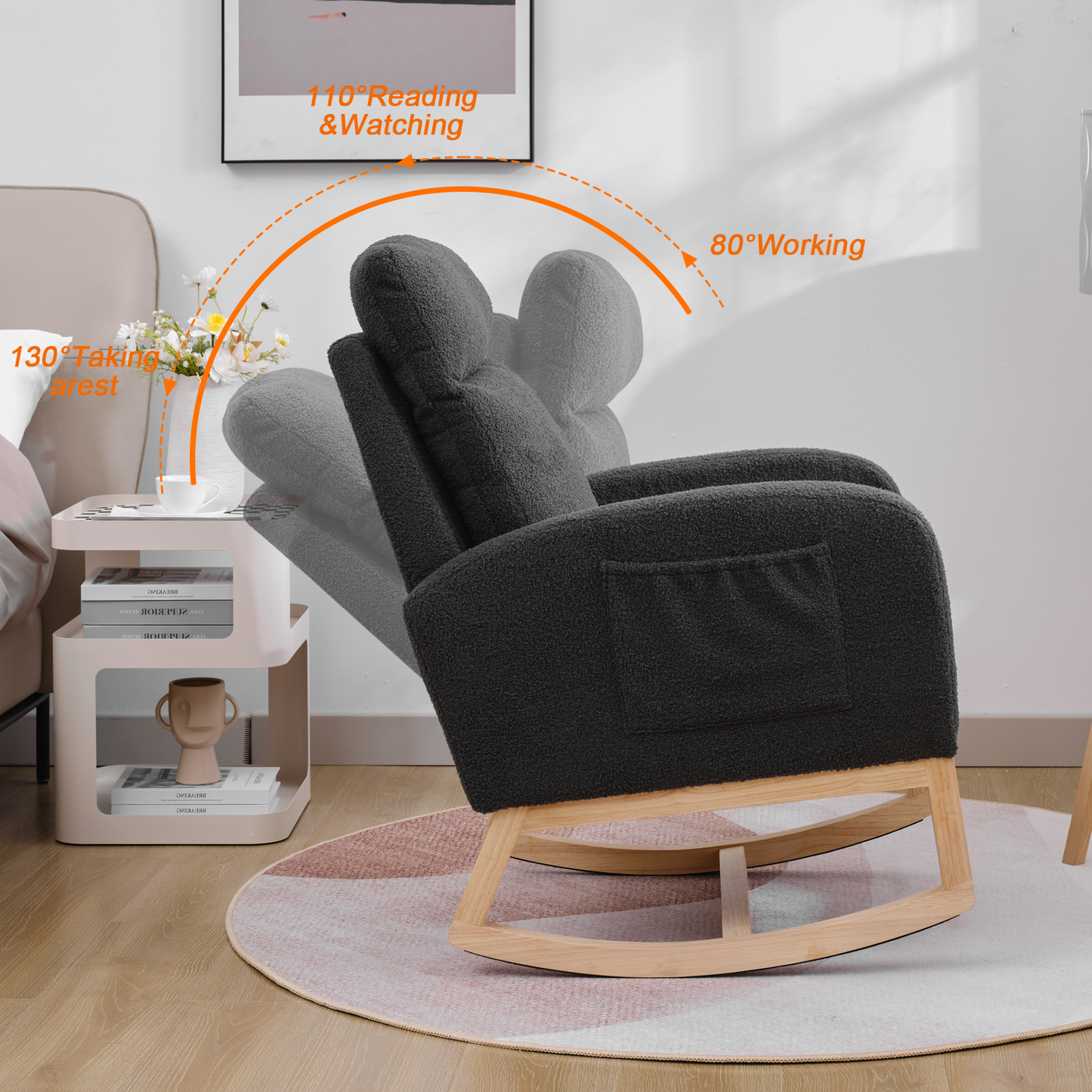 CAFORKP Upholstered Nursery Rocking Chair with High Back, Side Pocket, Wood Base, Dark Gray