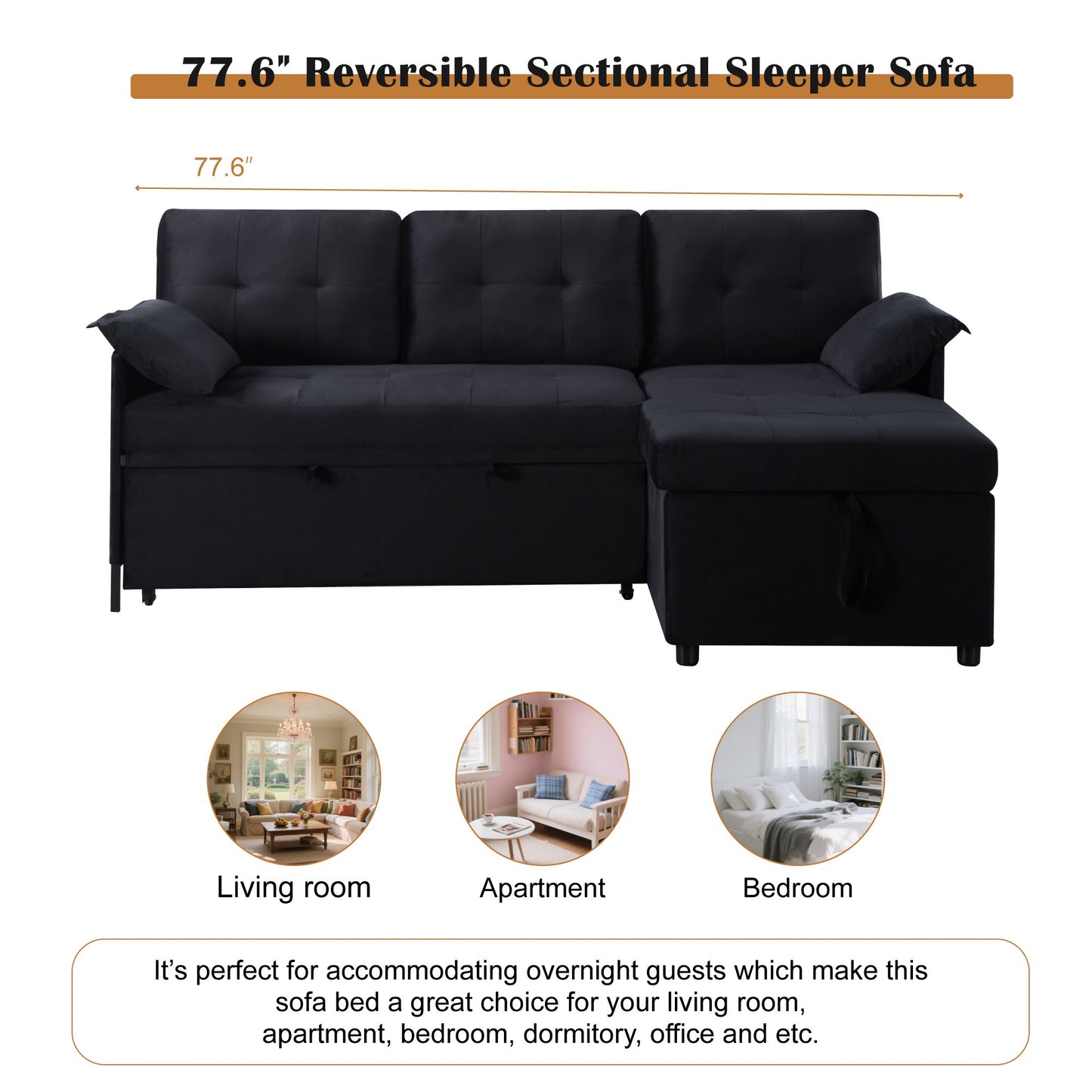 CAFORKP 77.6” Reversible Sectional Sleeper Sofa with Pull-out Bed and Storage Chaise, Velvet, Black