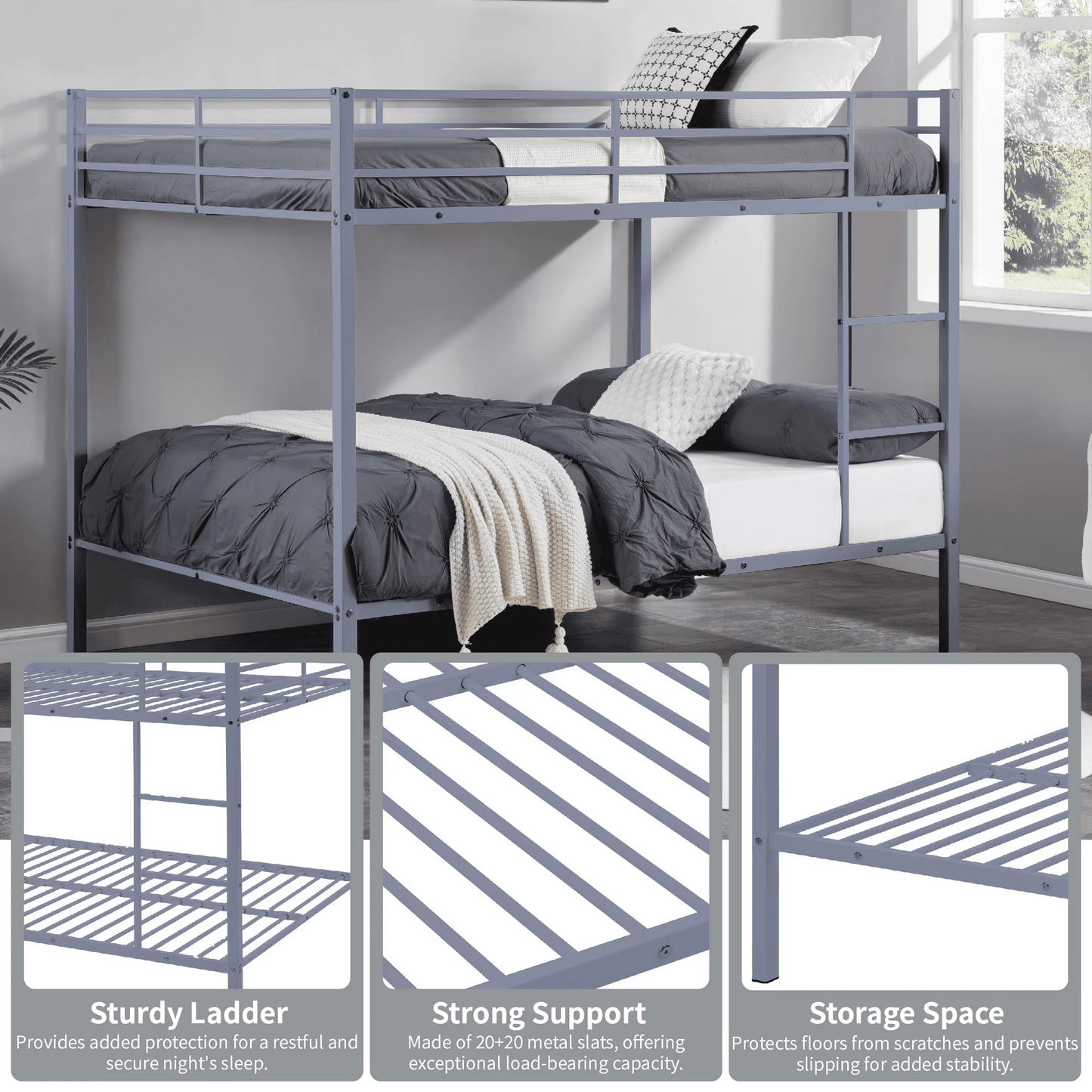 CAFORKP Heavy Duty Metal Full Over Full Bunk Bed with Ladder, Safety Guardrail & Steel Slats for Kids, Gray