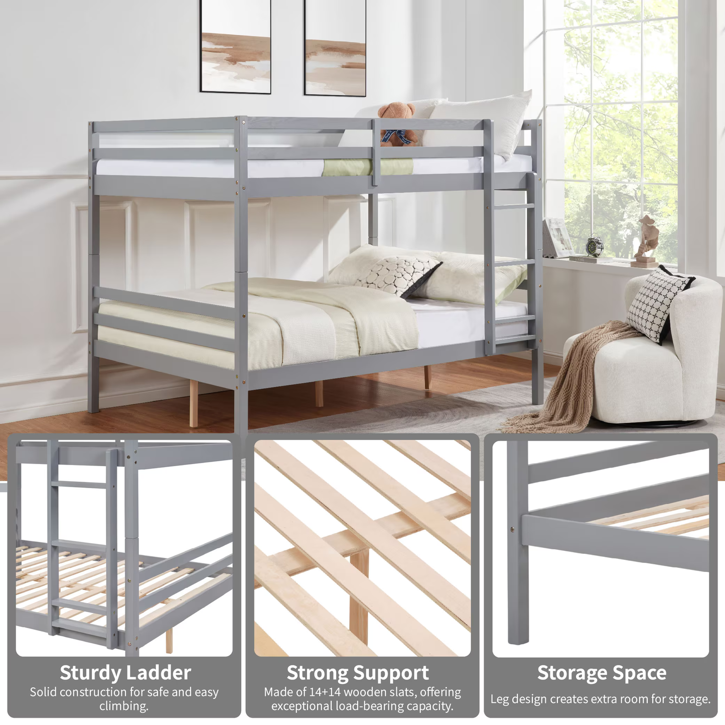 CAFORKP Solid Wood Full over Full Bunk Bed with Ladder & Guardrails, 400lbs Capacity, for Kids,Gray