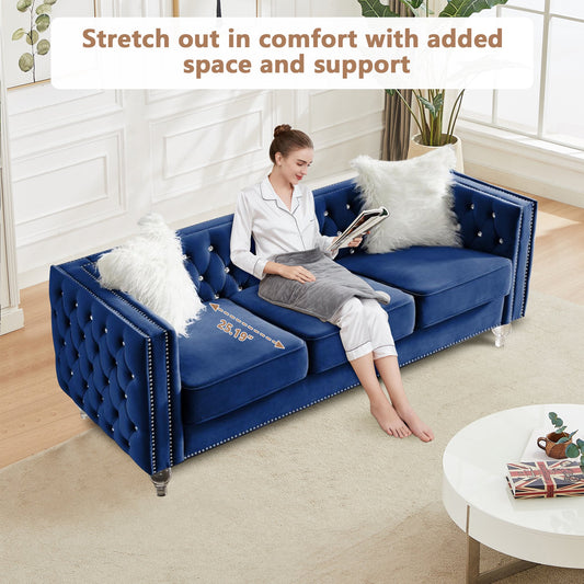 CAFORKP Velvet 3-Seater Sofa, Solid Wood Frame, Button Tufted, Curved Arms, Polyester Upholstery, Navy Blue