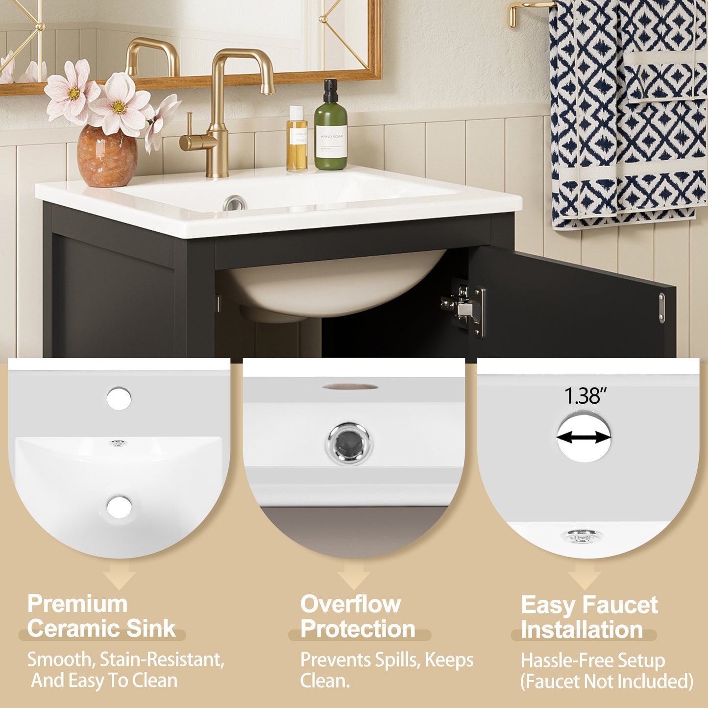 Solid Wood Bathroom Vanity with Ceramic Sink, Soft-Closing Door, and Storage, 18-Inch
