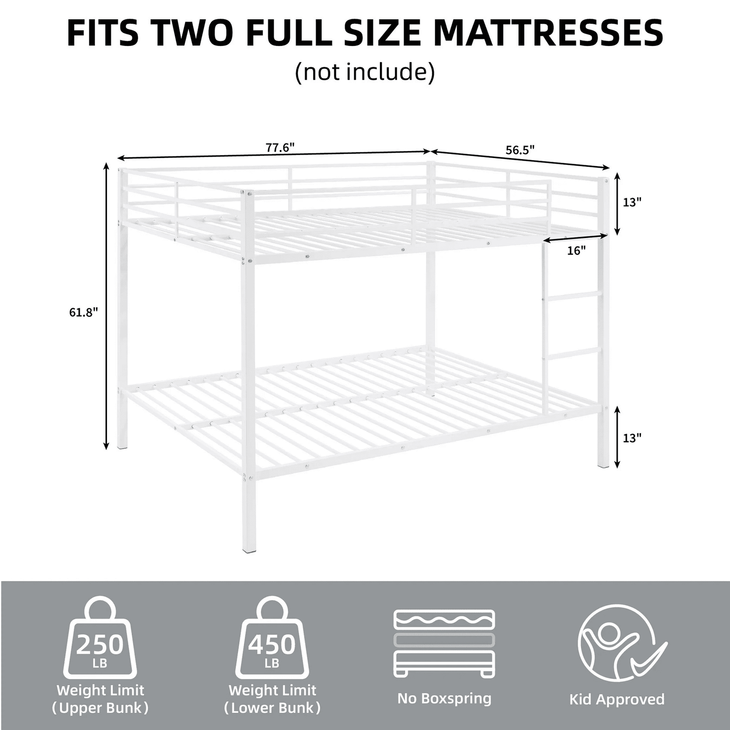 CAFORKP Heavy Duty Metal Full Over Full Bunk Bed with Ladder, Safety Guardrail & Steel Slats for Kids, White