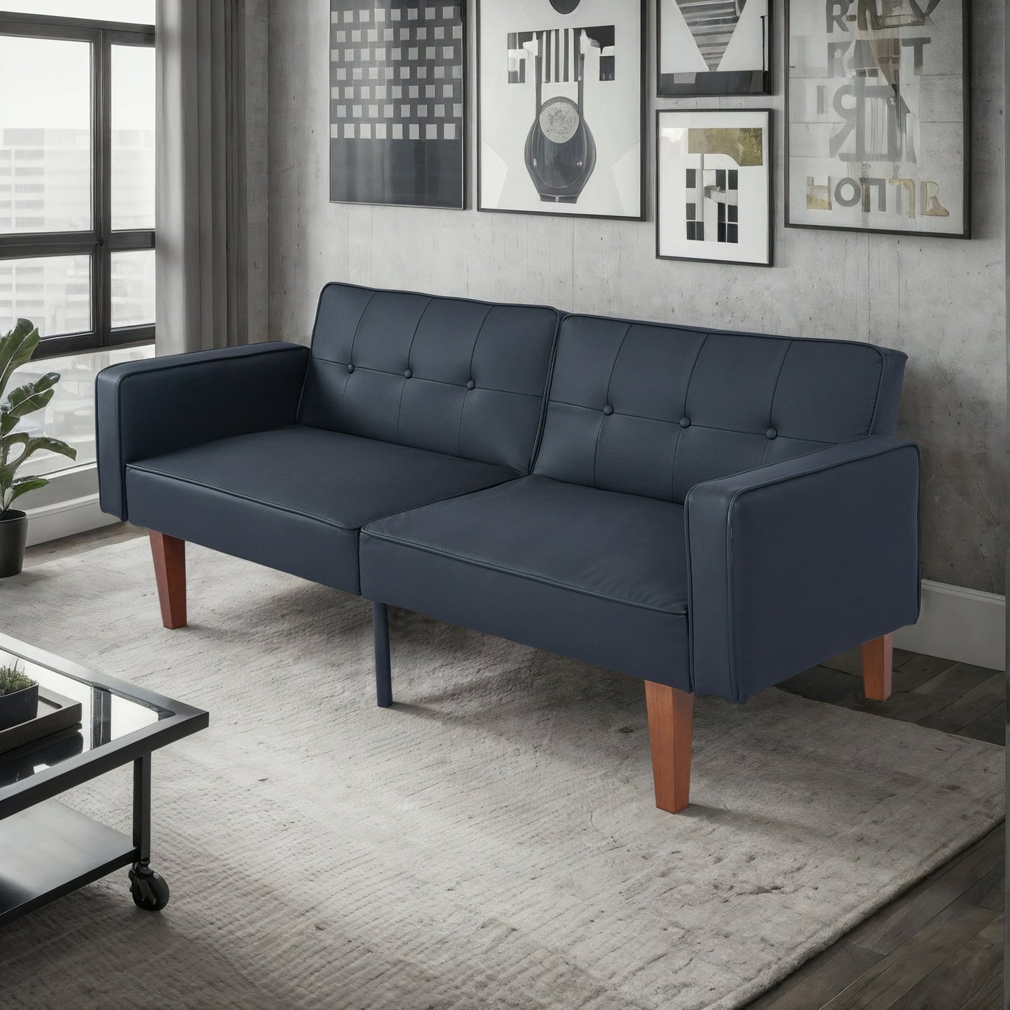 CAFORKP Black Faux Leather Sofa, Solid Wood Frame, Mid-Century Style, Foam & Spring Support