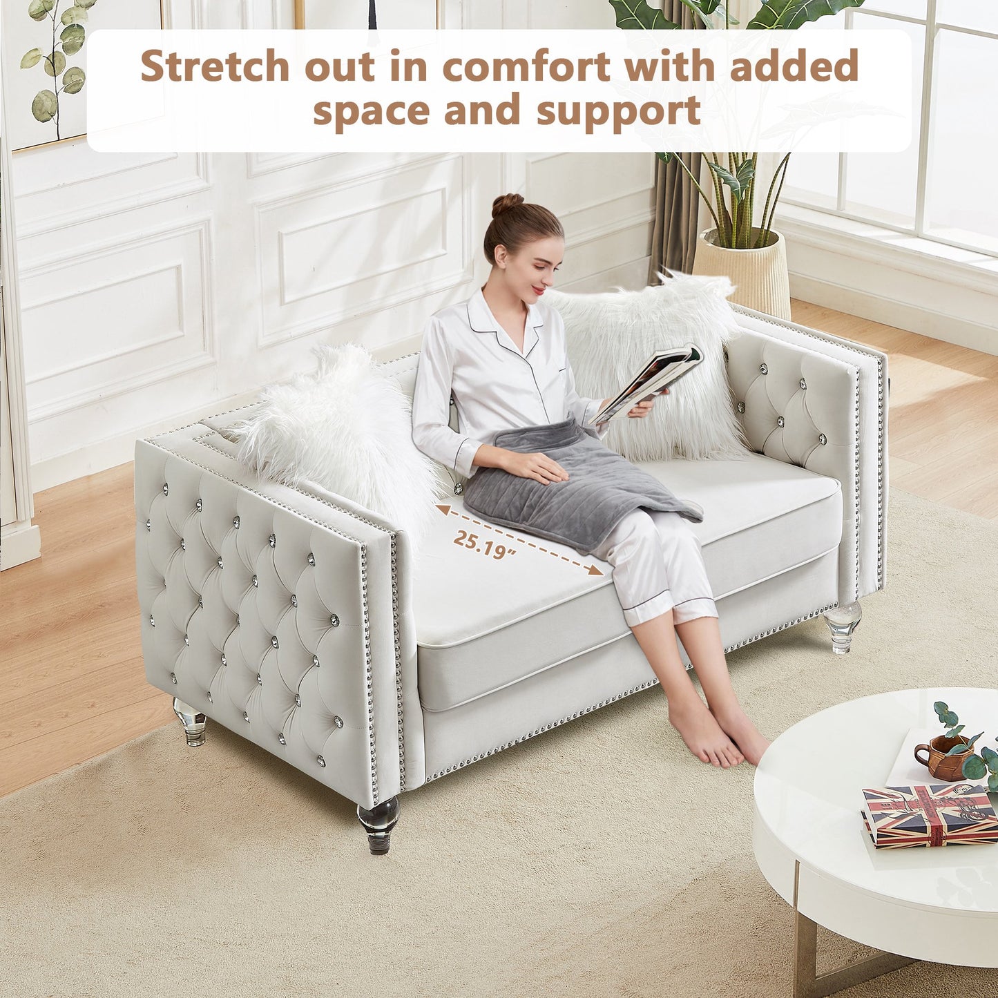 CAFORKP Velvet Loveseat Sofa, Solid Wood Frame, Polyester Upholstery, Foam Filled, Tufted, Beige