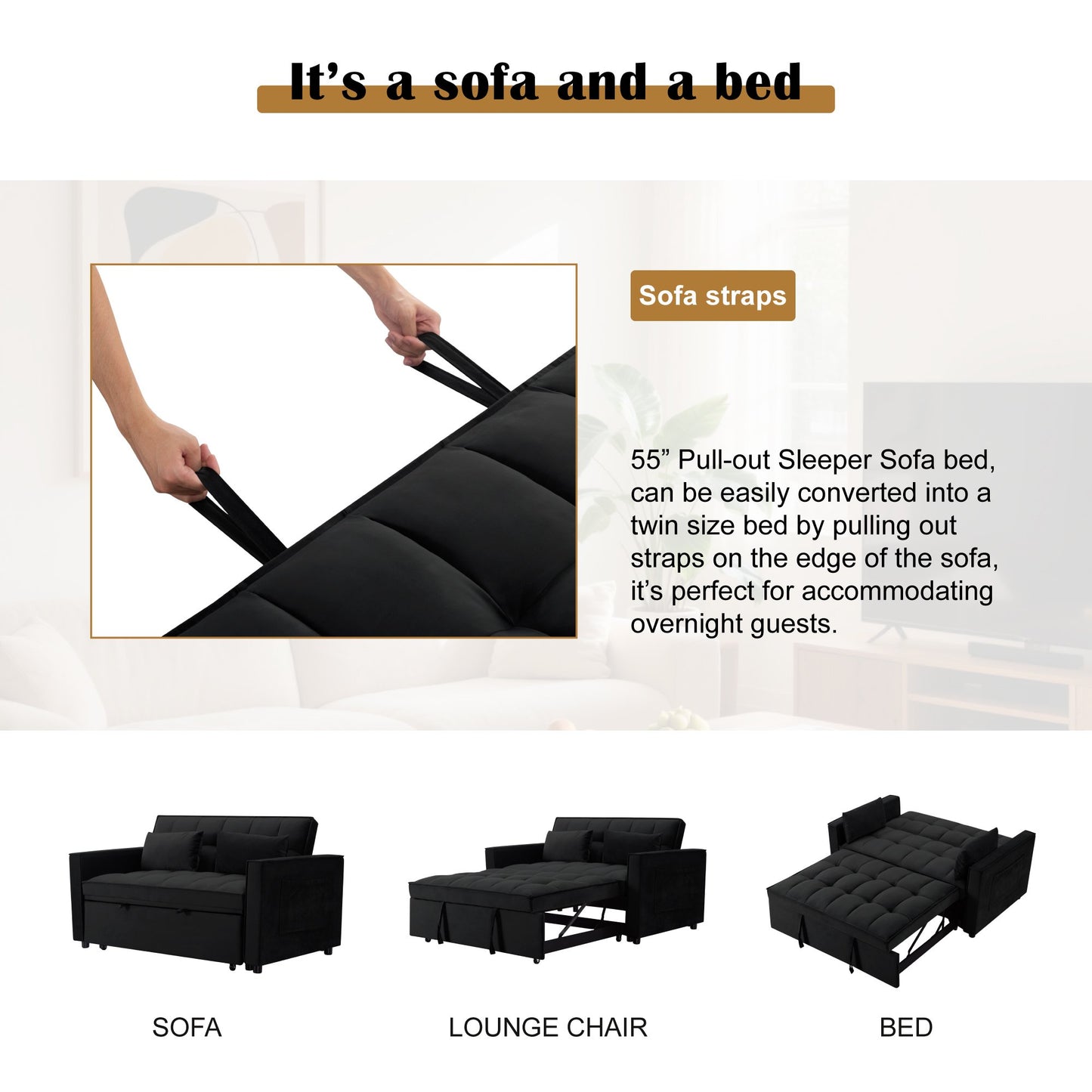 CAFORKP 55" Twin Size Pull-out Sleeper Sofa Bed with Reclining Back, Velvet Upholstery, Black